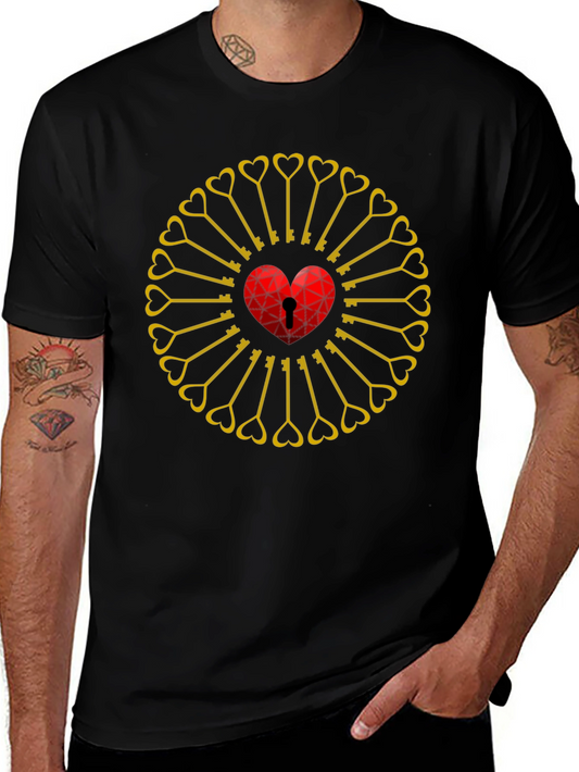 Heart Lock & Key Pattern Black T-Shirt