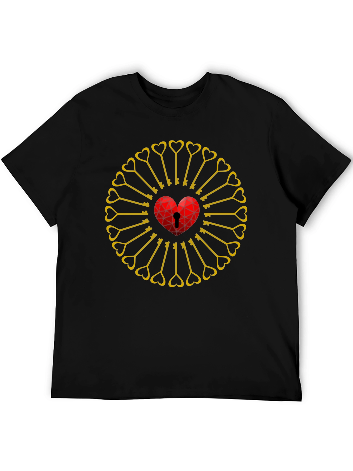 Heart Lock & Key Pattern Black T-Shirt