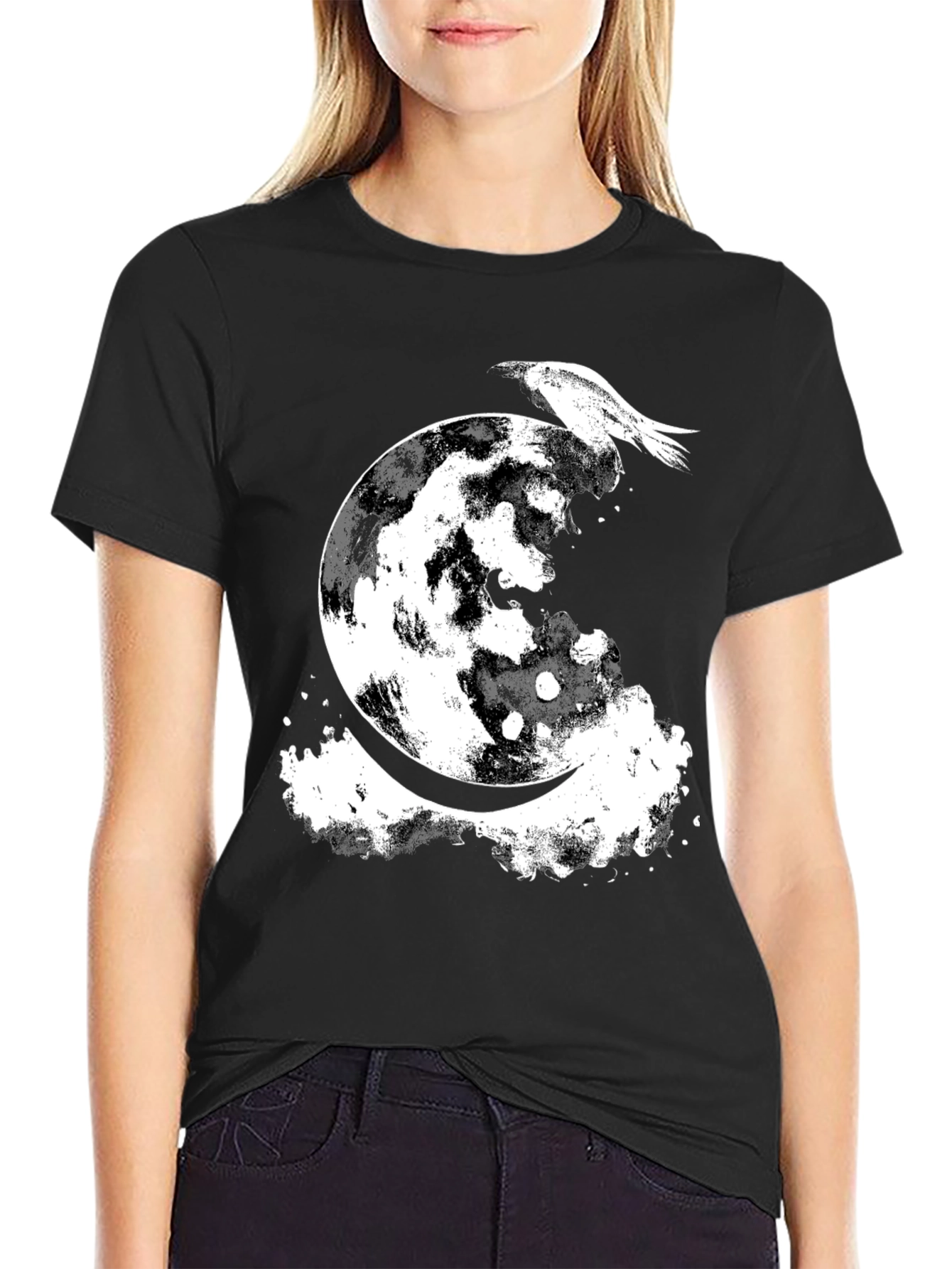 Raven Moon Graphic Tee - Black Cotton Blend