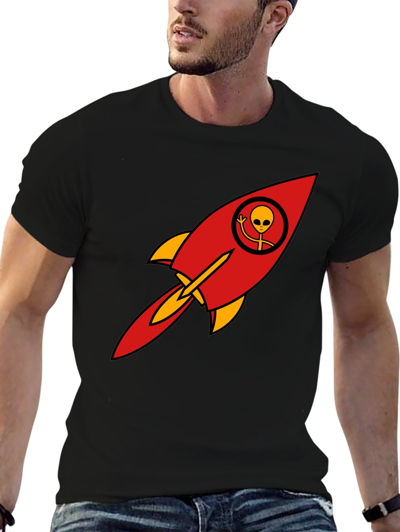 Alien Rocket T-Shirt - Black Cotton Blend Graphic Tee