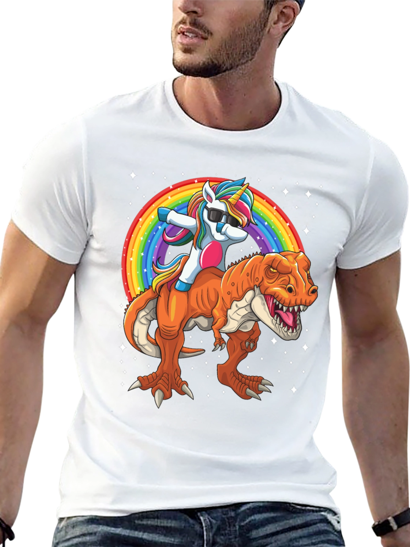 Unicorn Riding Dinosaur Mens Graphic T-Shirt