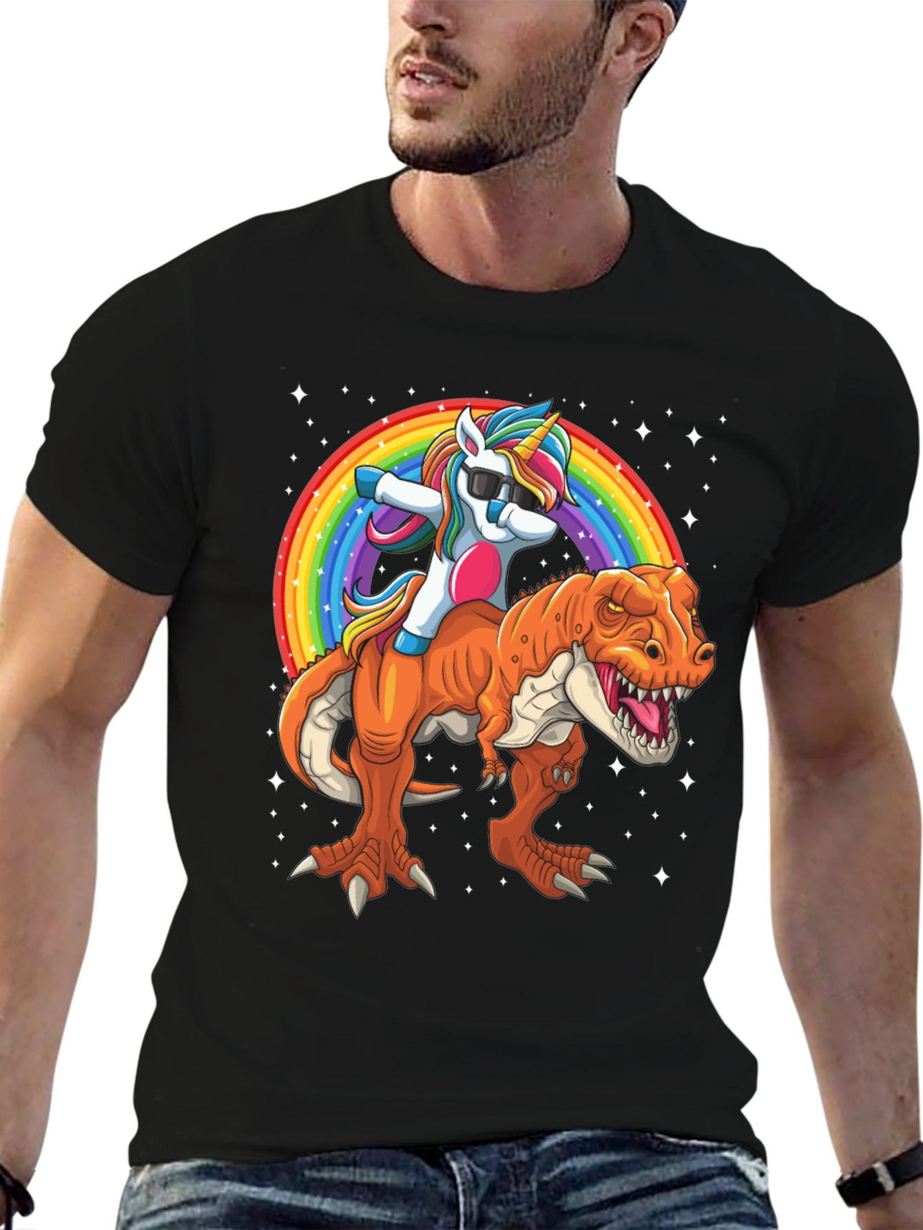 Unicorn Riding Dinosaur Mens Graphic T-Shirt