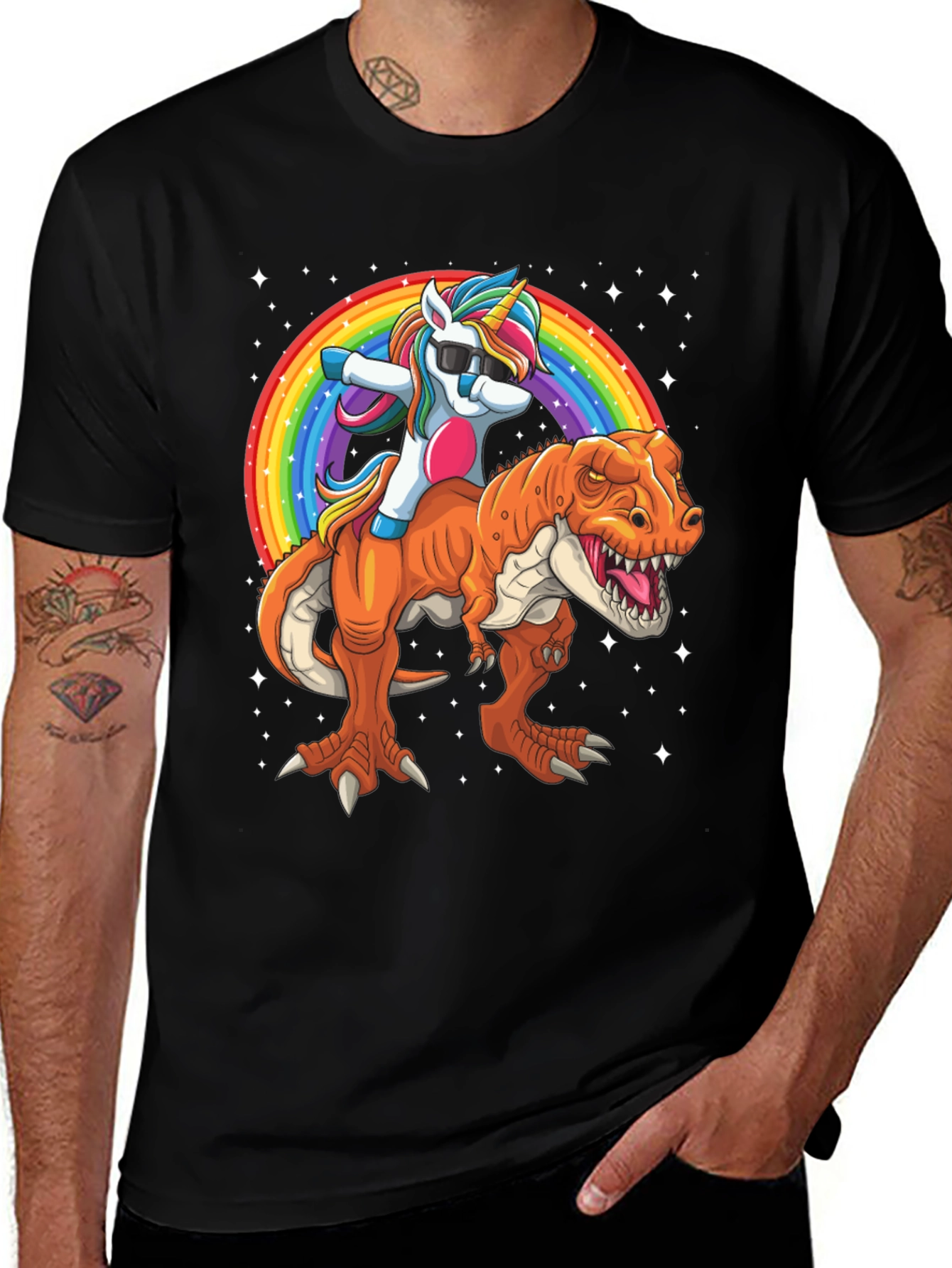 Unicorn Riding Dinosaur Mens Graphic T-Shirt