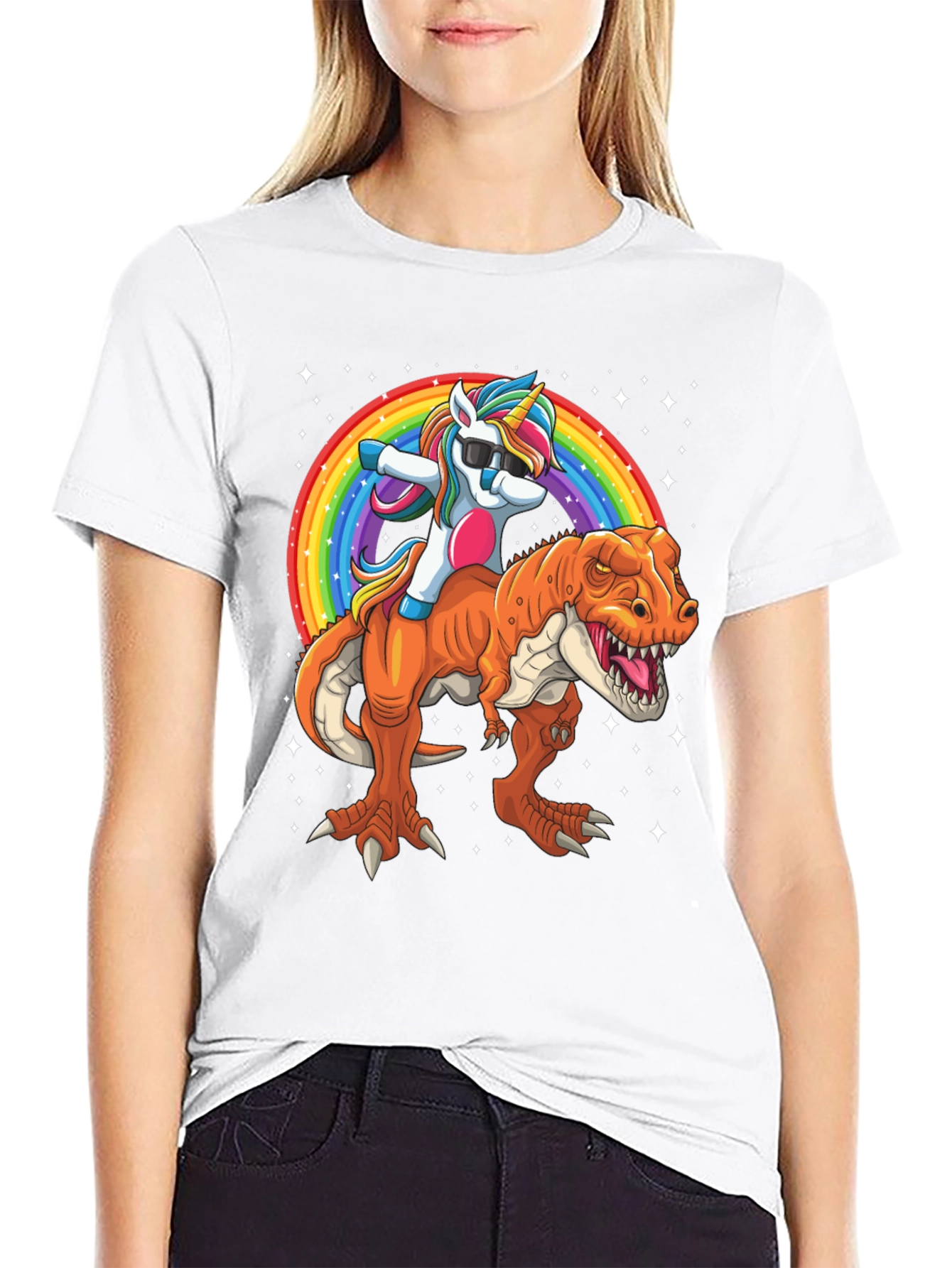 Unicorn Riding Dinosaur Mens Graphic T-Shirt
