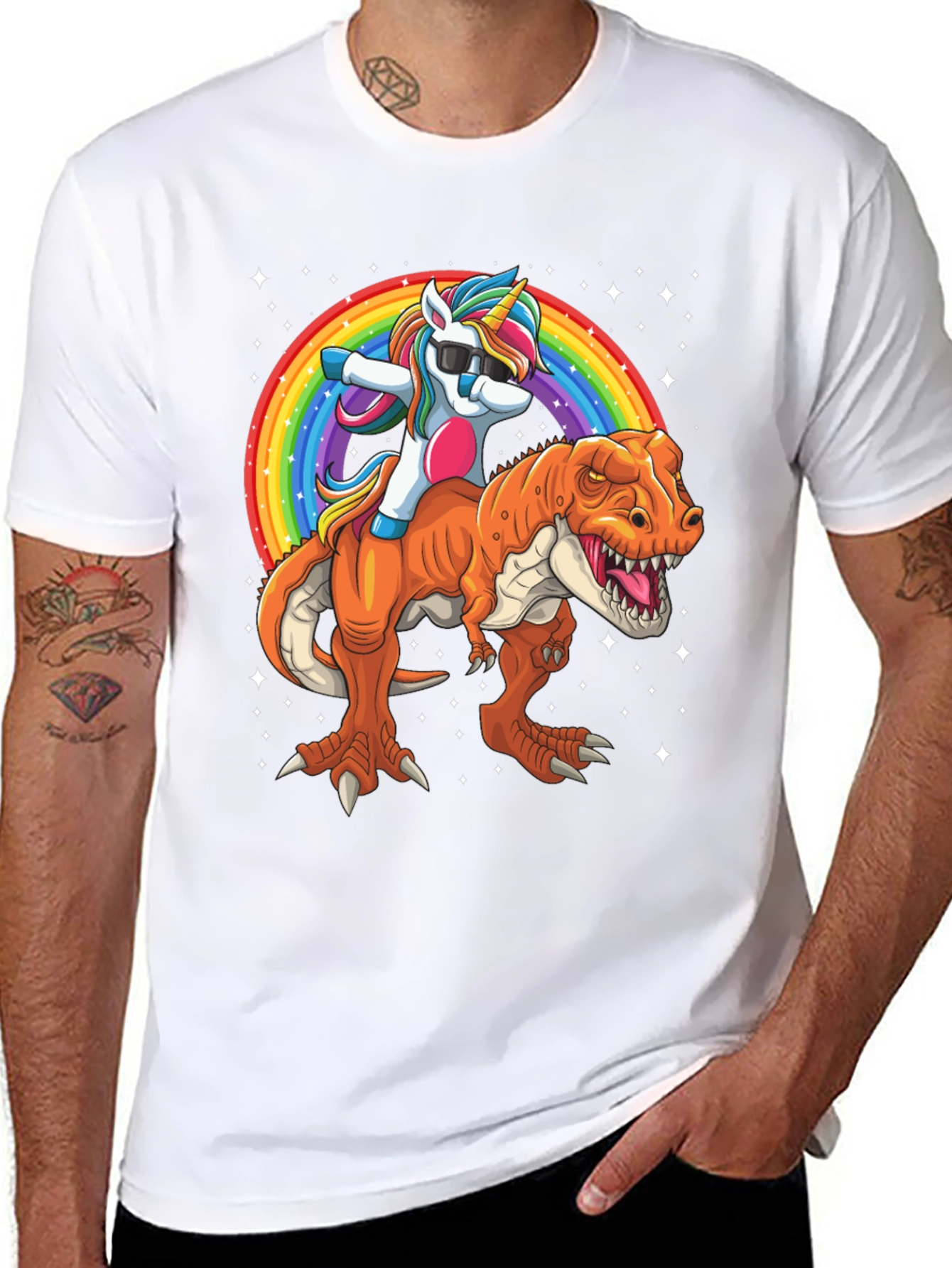 Unicorn Riding Dinosaur Mens Graphic T-Shirt