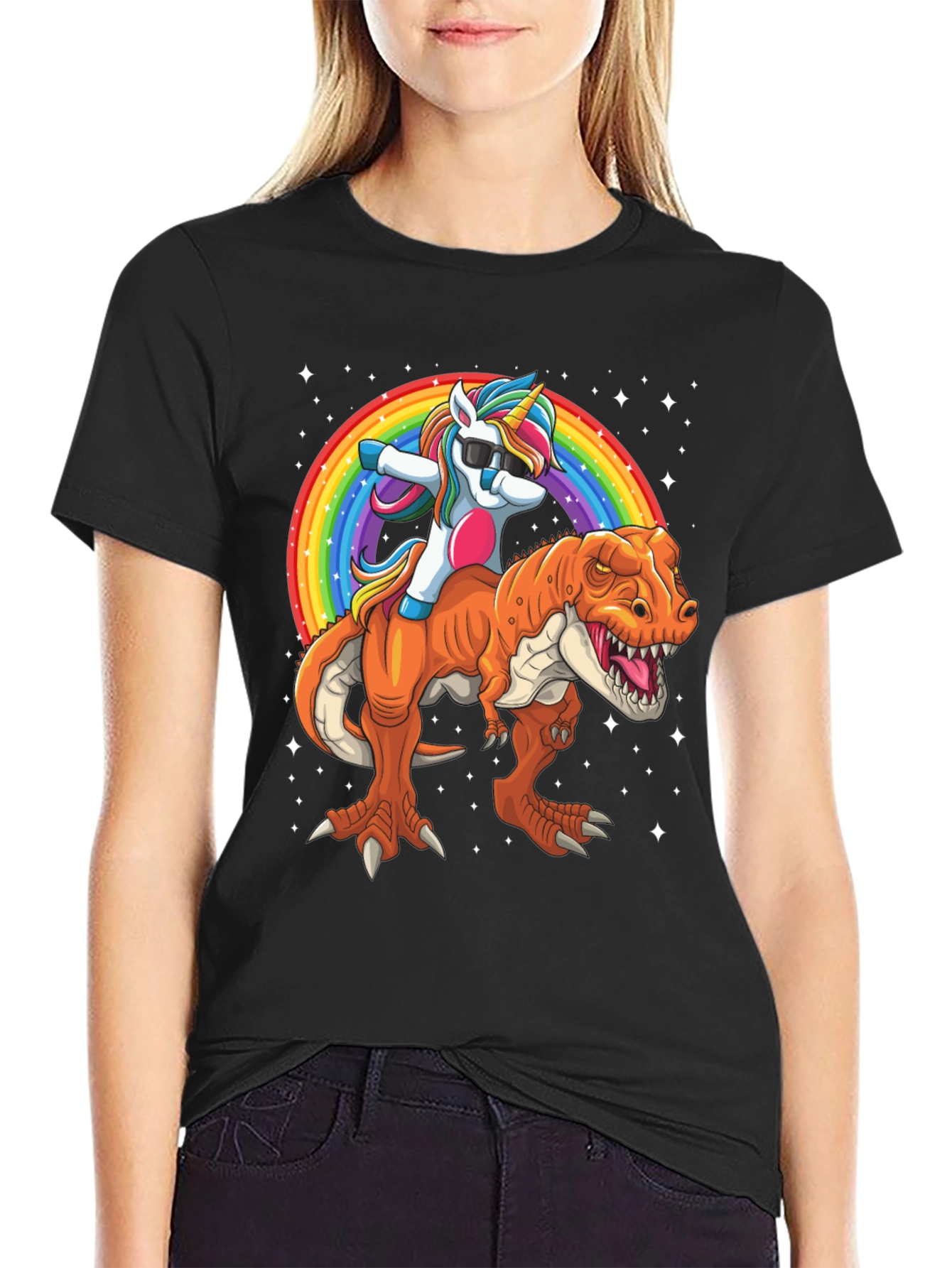 Unicorn Riding Dinosaur Mens Graphic T-Shirt