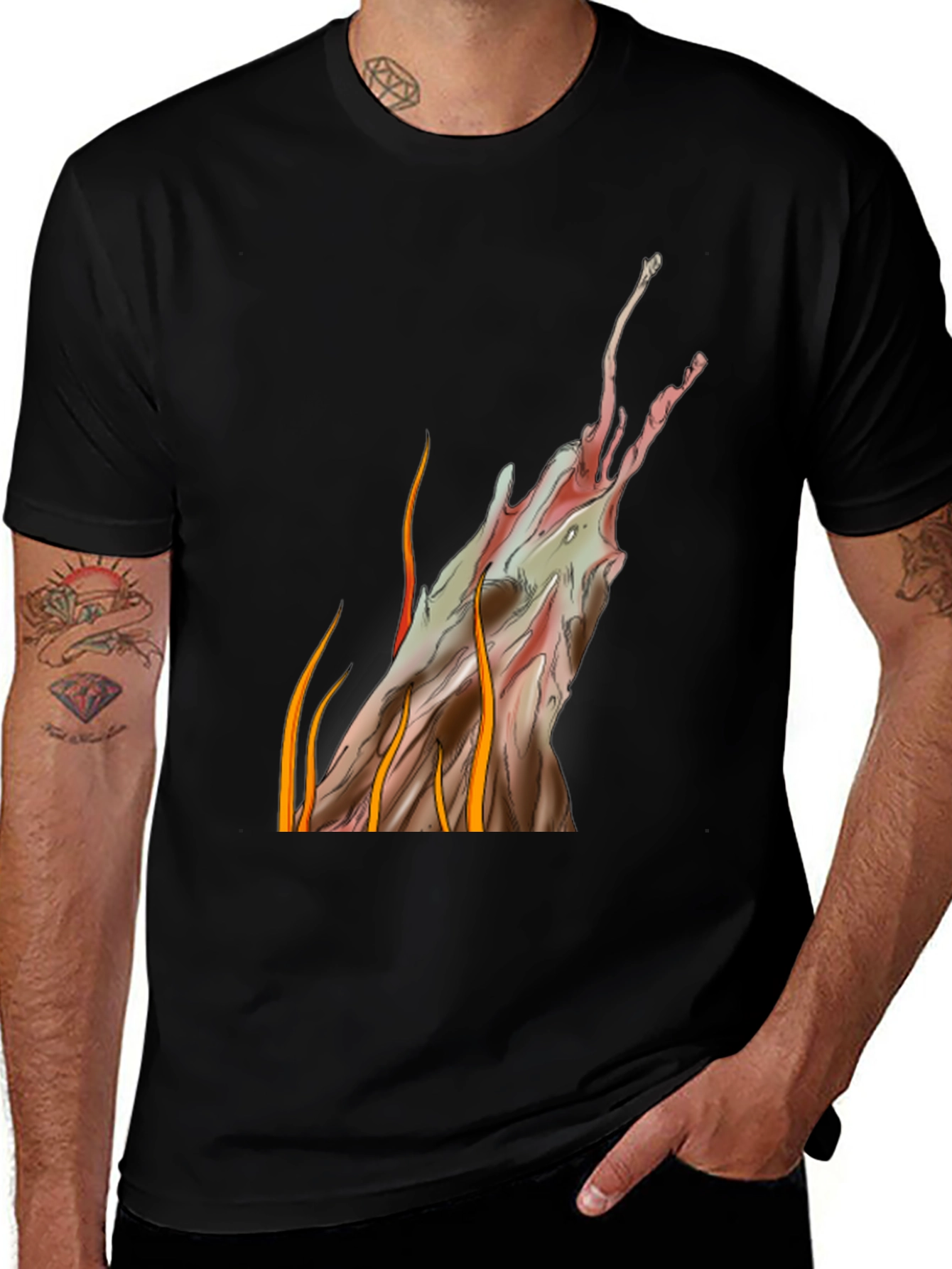 Abstract Artistic Flames Graphic Tee - Black Cotton Blend