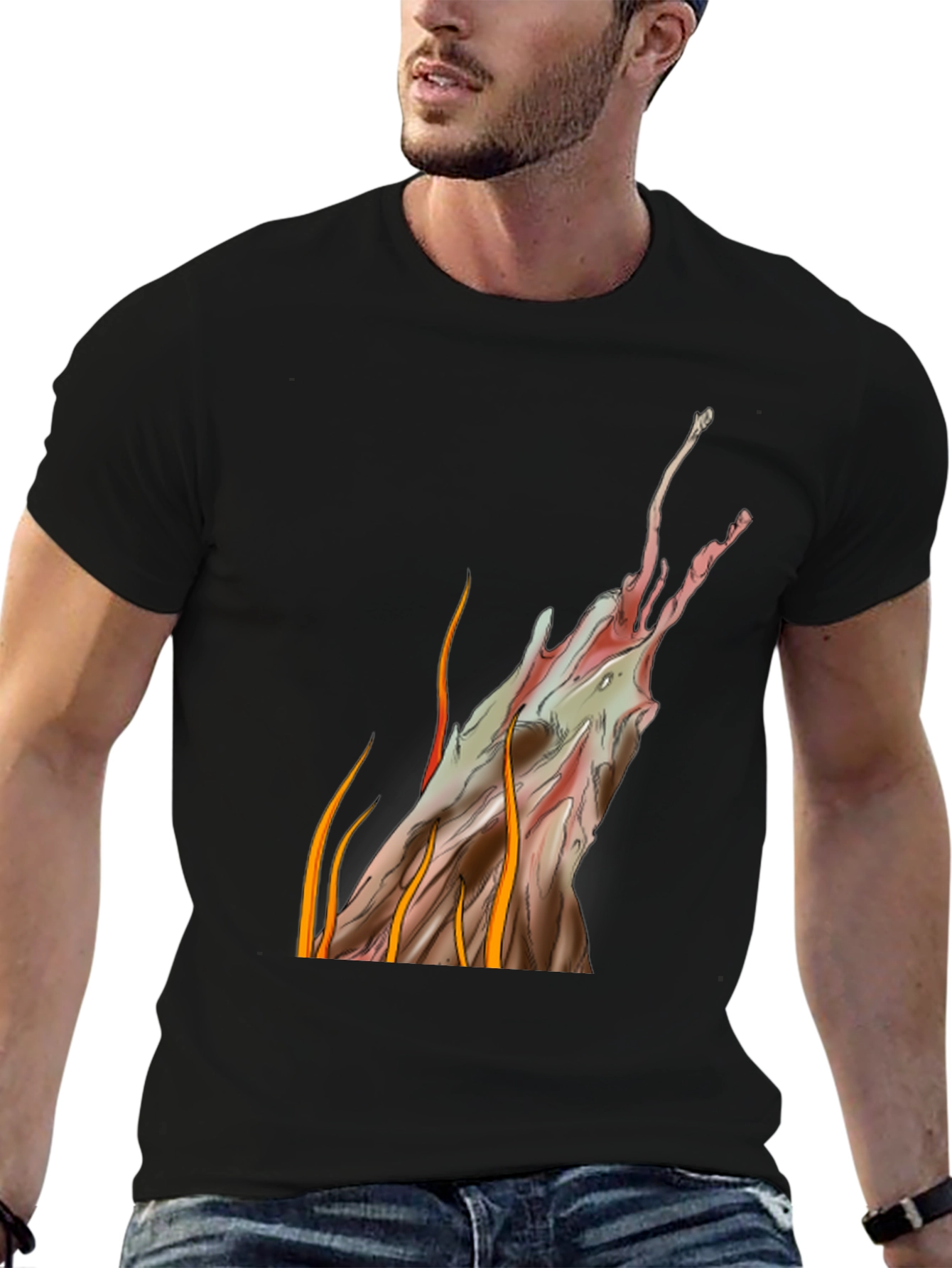 Abstract Artistic Flames Graphic Tee - Black Cotton Blend
