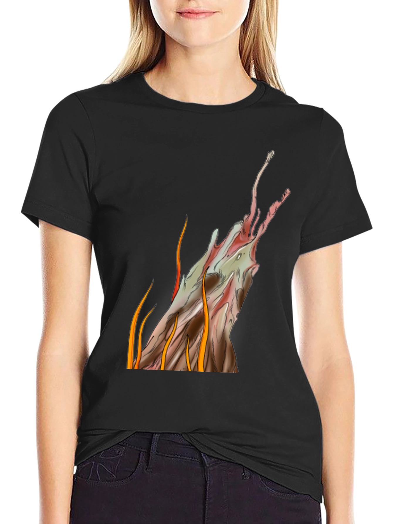 Abstract Artistic Flames Graphic Tee - Black Cotton Blend