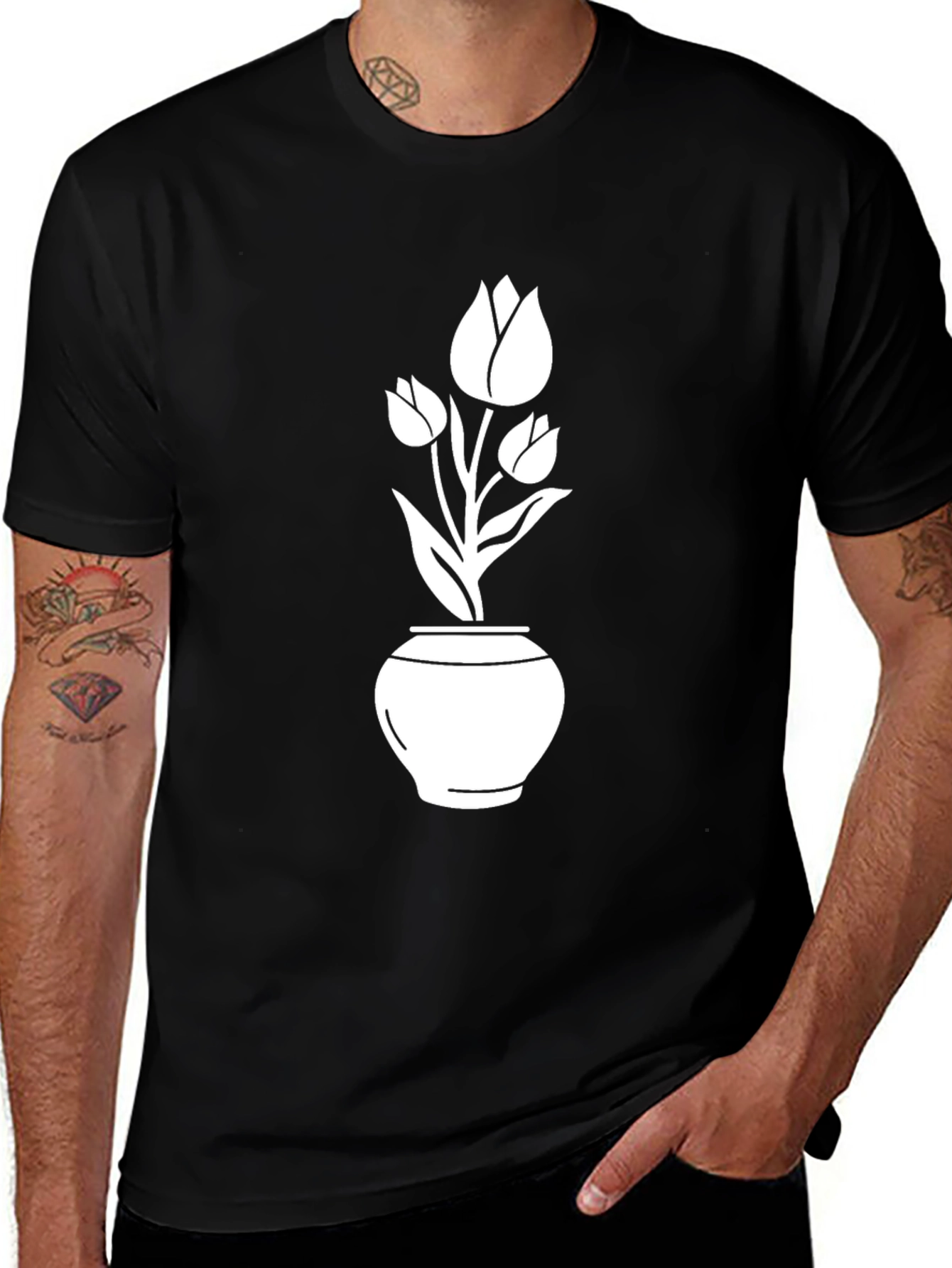 Black T-Shirt with Tulip Pot Graphic