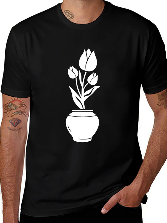Black T-Shirt with Tulip Pot Graphic