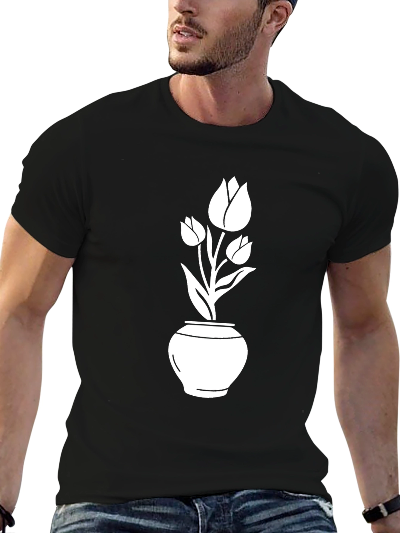 Black T-Shirt with Tulip Pot Graphic