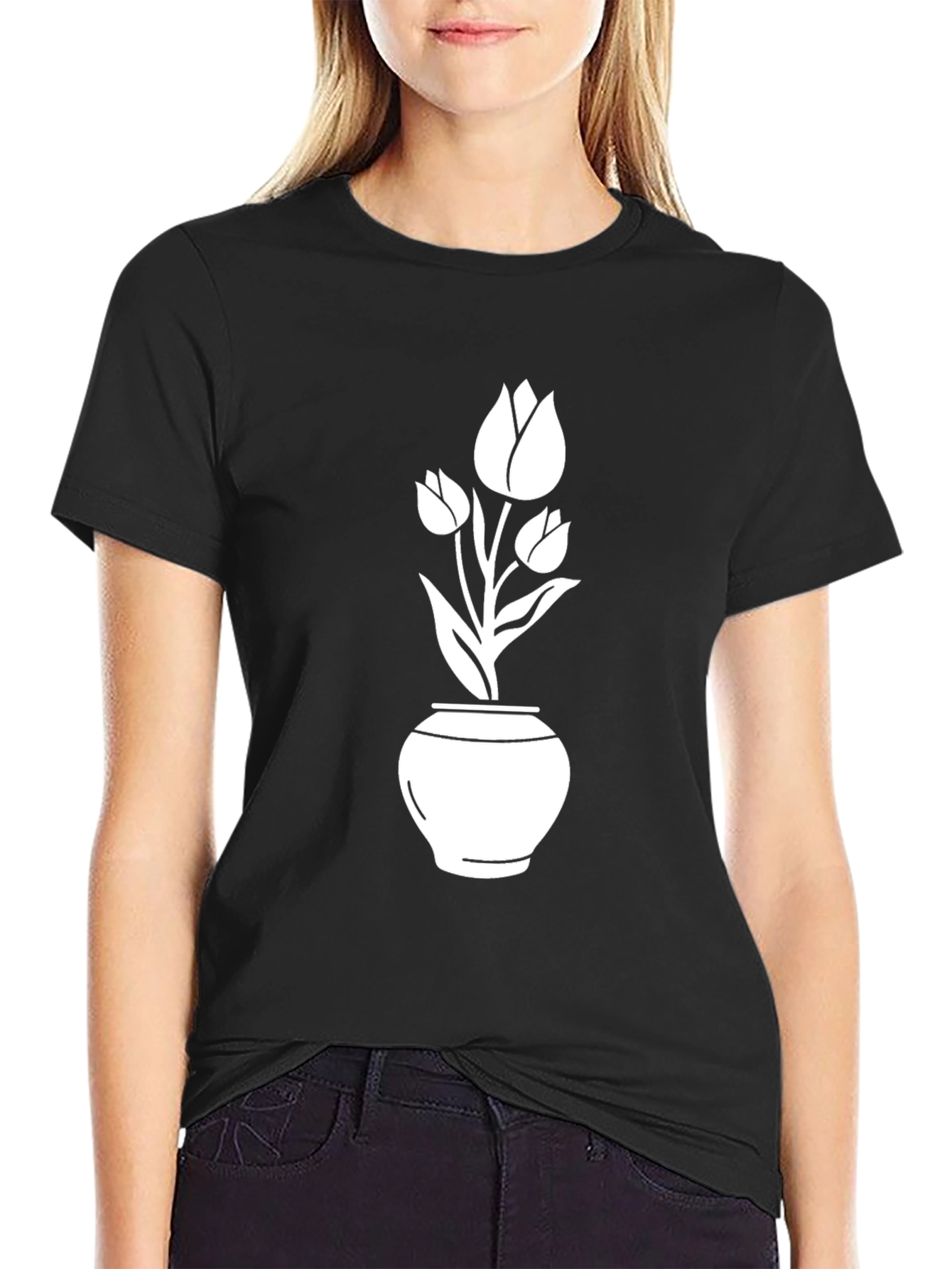 Black T-Shirt with Tulip Pot Graphic