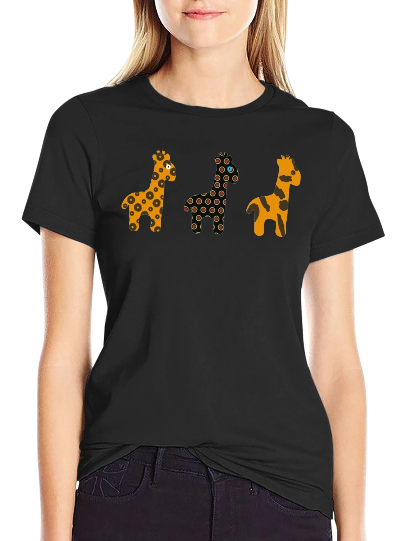 Giraffe Print Black Crew Neck T-Shirt