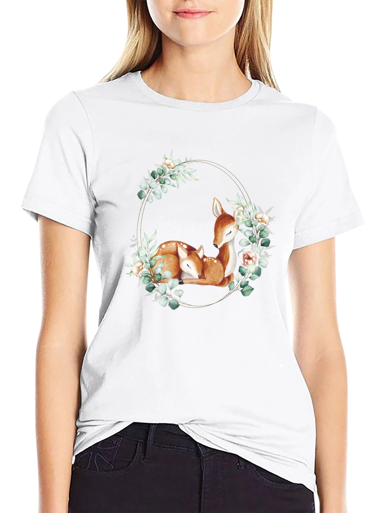 Deer Floral Wreath Black T-Shirt
