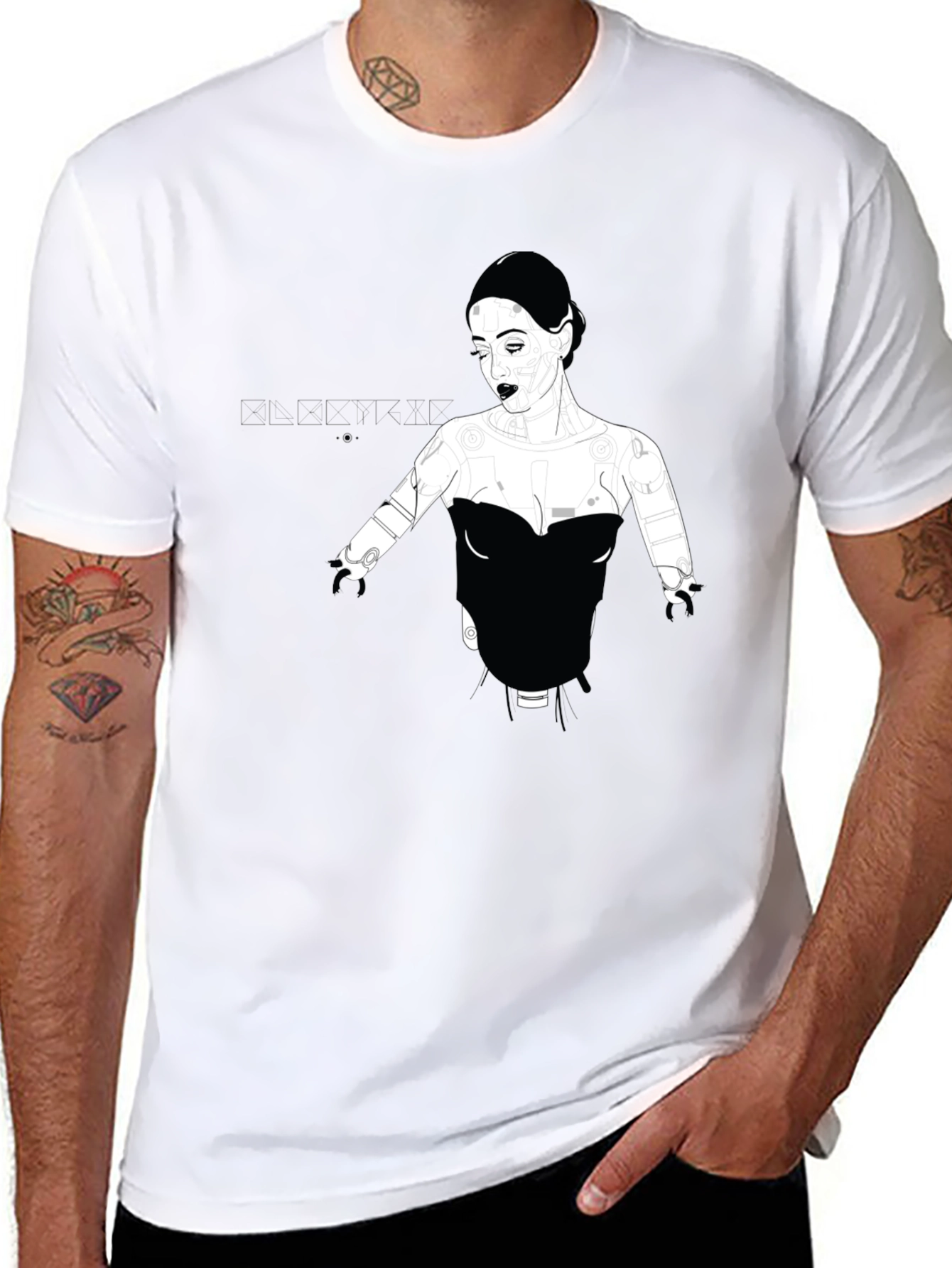 Graphic Print Black T-Shirt - Elegant Robot Woman