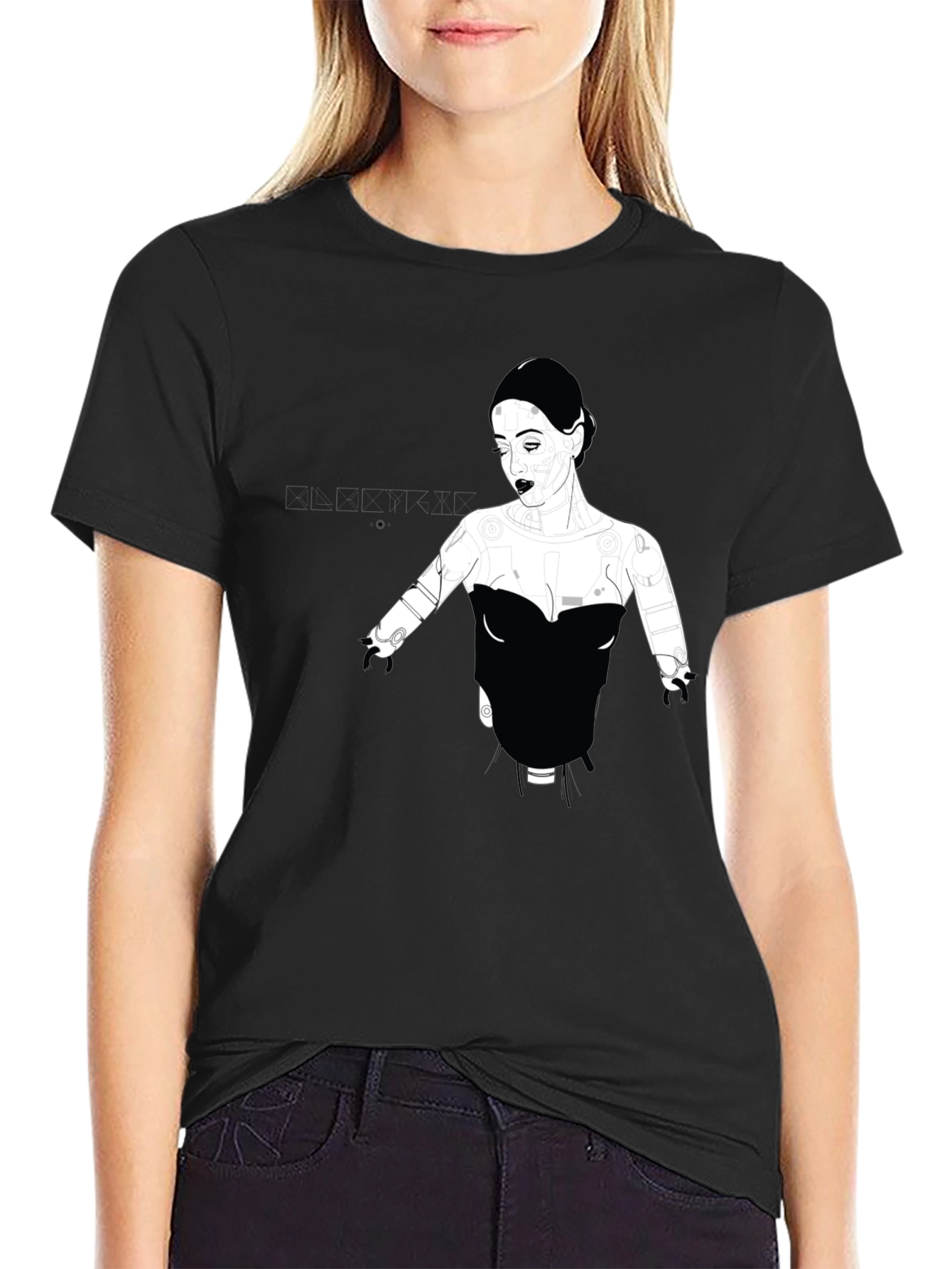 Graphic Print Black T-Shirt - Elegant Robot Woman
