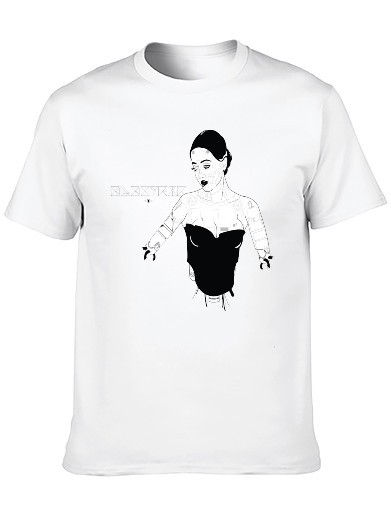 Graphic Print Black T-Shirt - Elegant Robot Woman