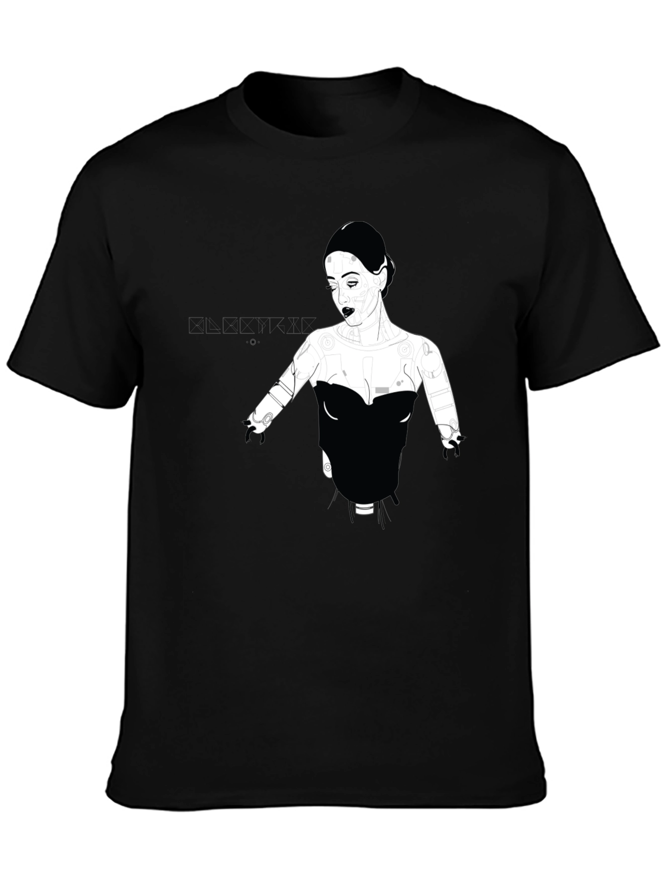 Graphic Print Black T-Shirt - Elegant Robot Woman