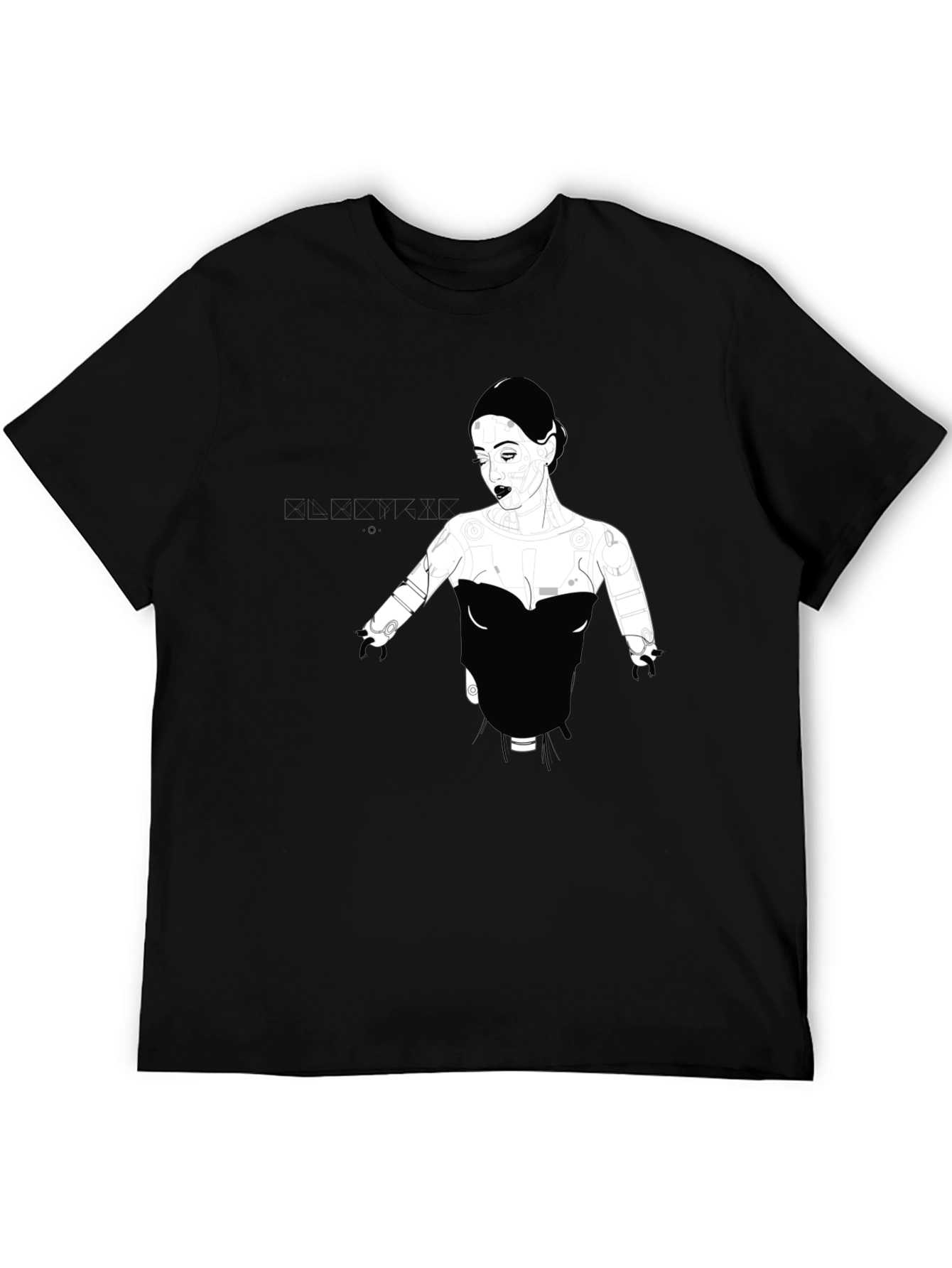 Graphic Print Black T-Shirt - Elegant Robot Woman