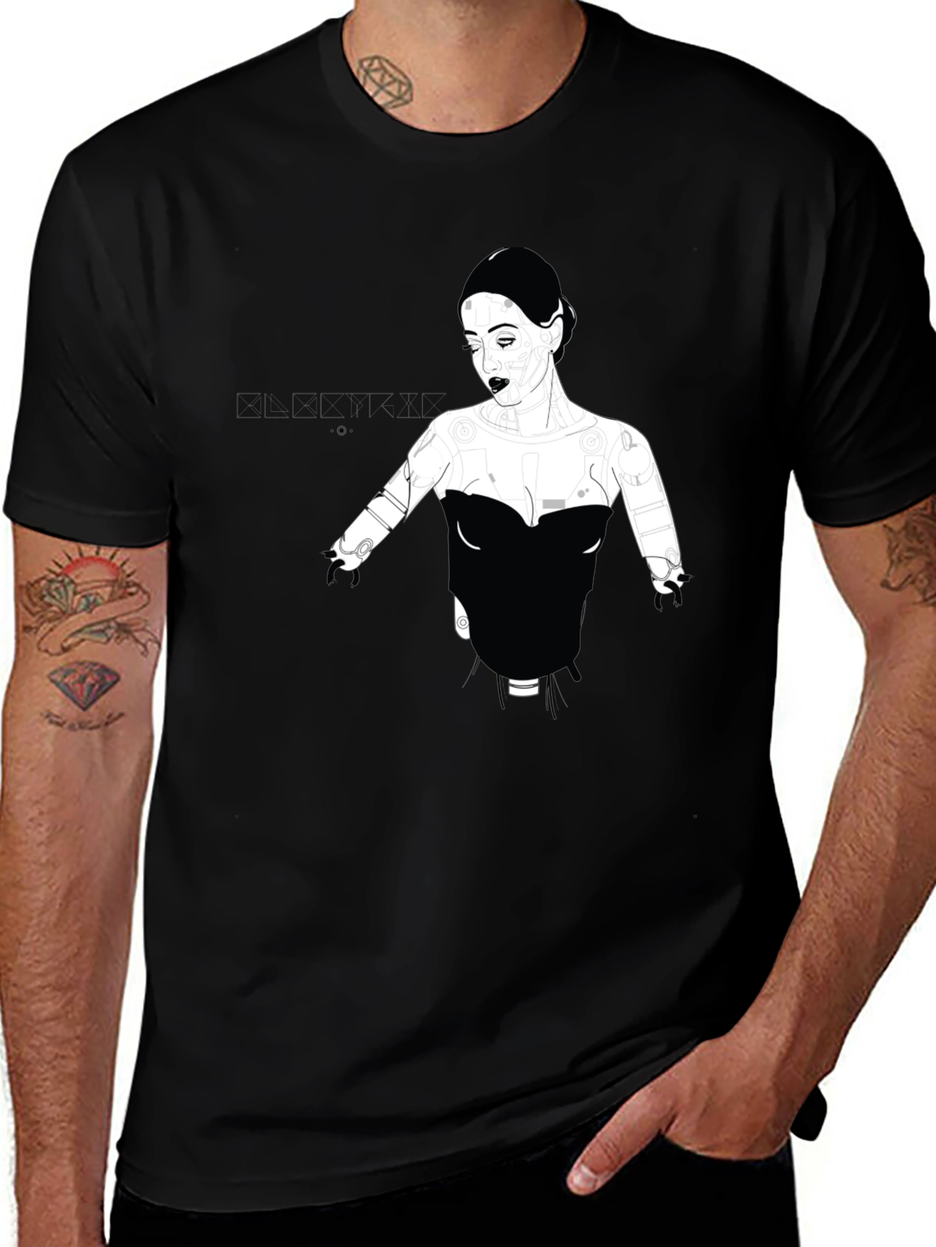 Graphic Print Black T-Shirt - Elegant Robot Woman