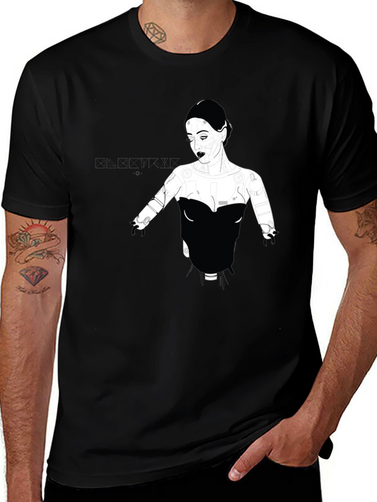 Graphic Print Black T-Shirt - Elegant Robot Woman
