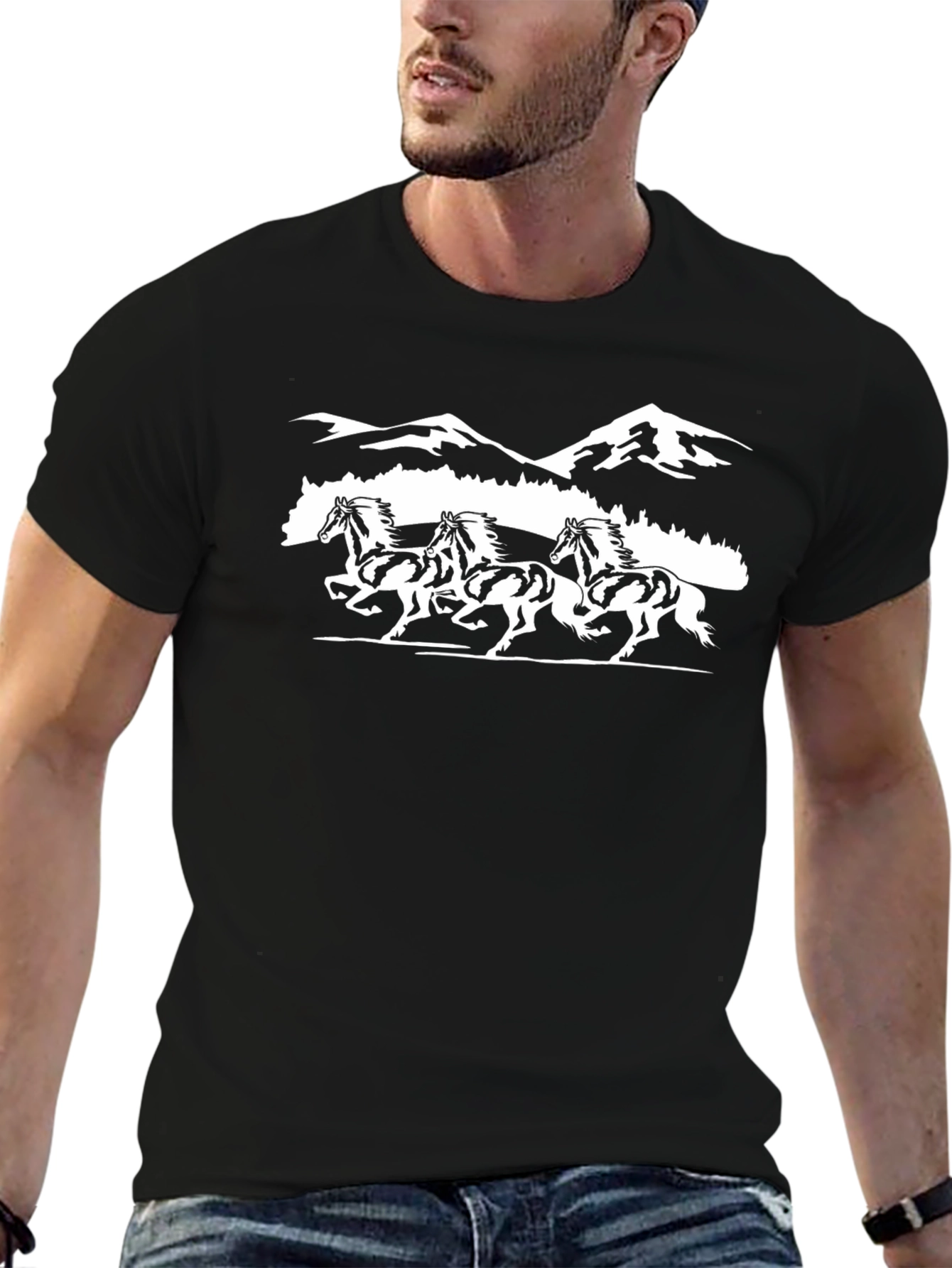 Black T-Shirt: Running Horses Graphic Tee