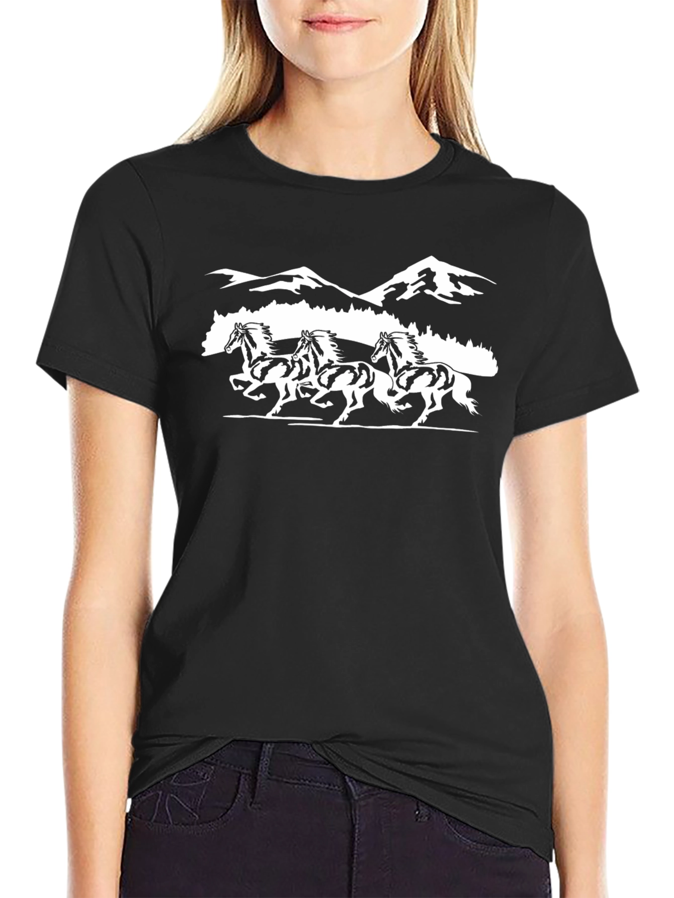 Black T-Shirt: Running Horses Graphic Tee