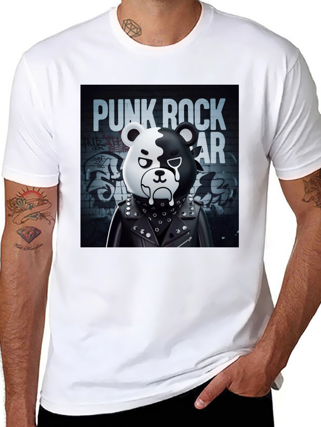 Punk Rock Bear Graphic T-Shirt