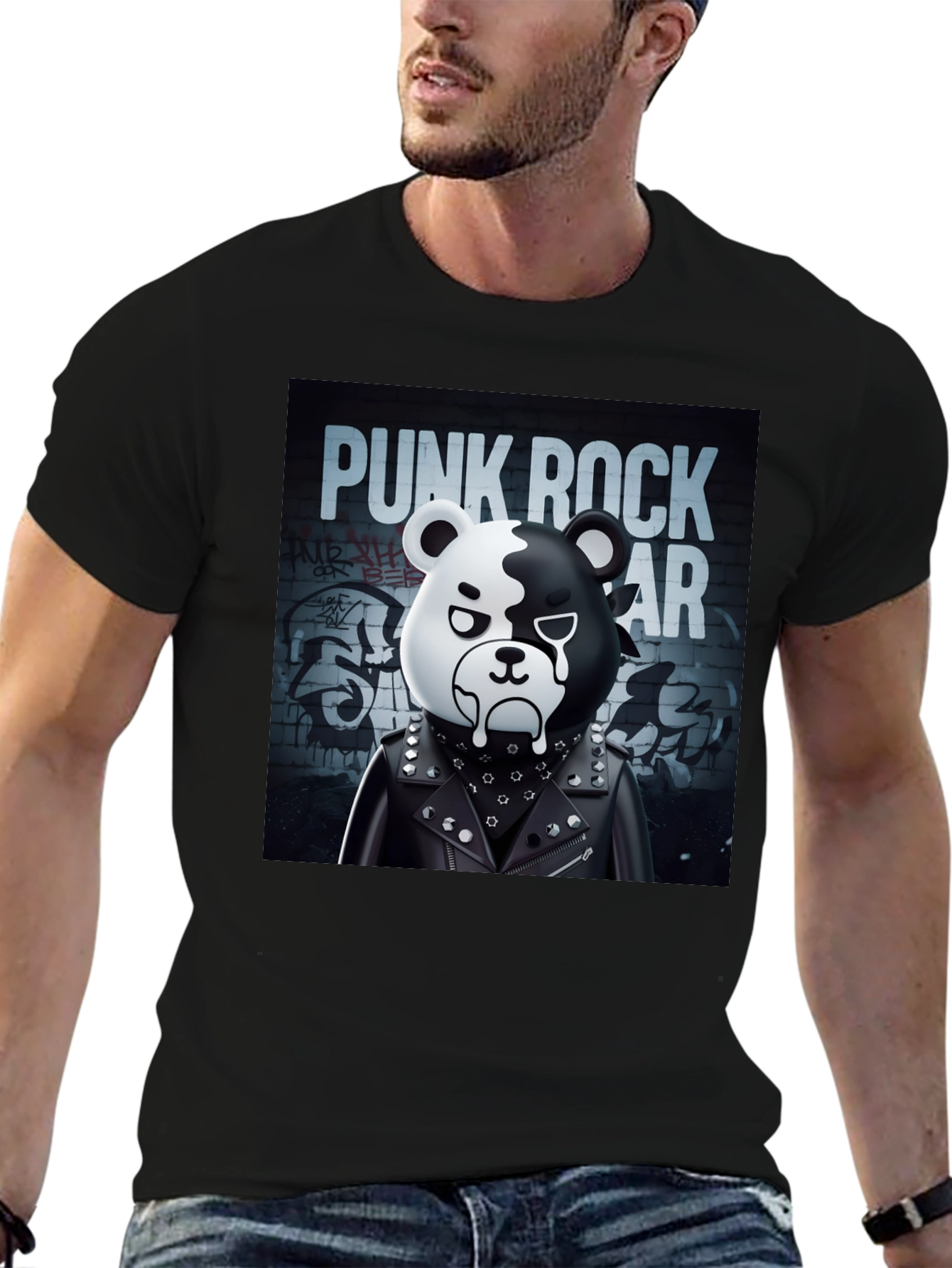 Punk Rock Bear Graphic T-Shirt
