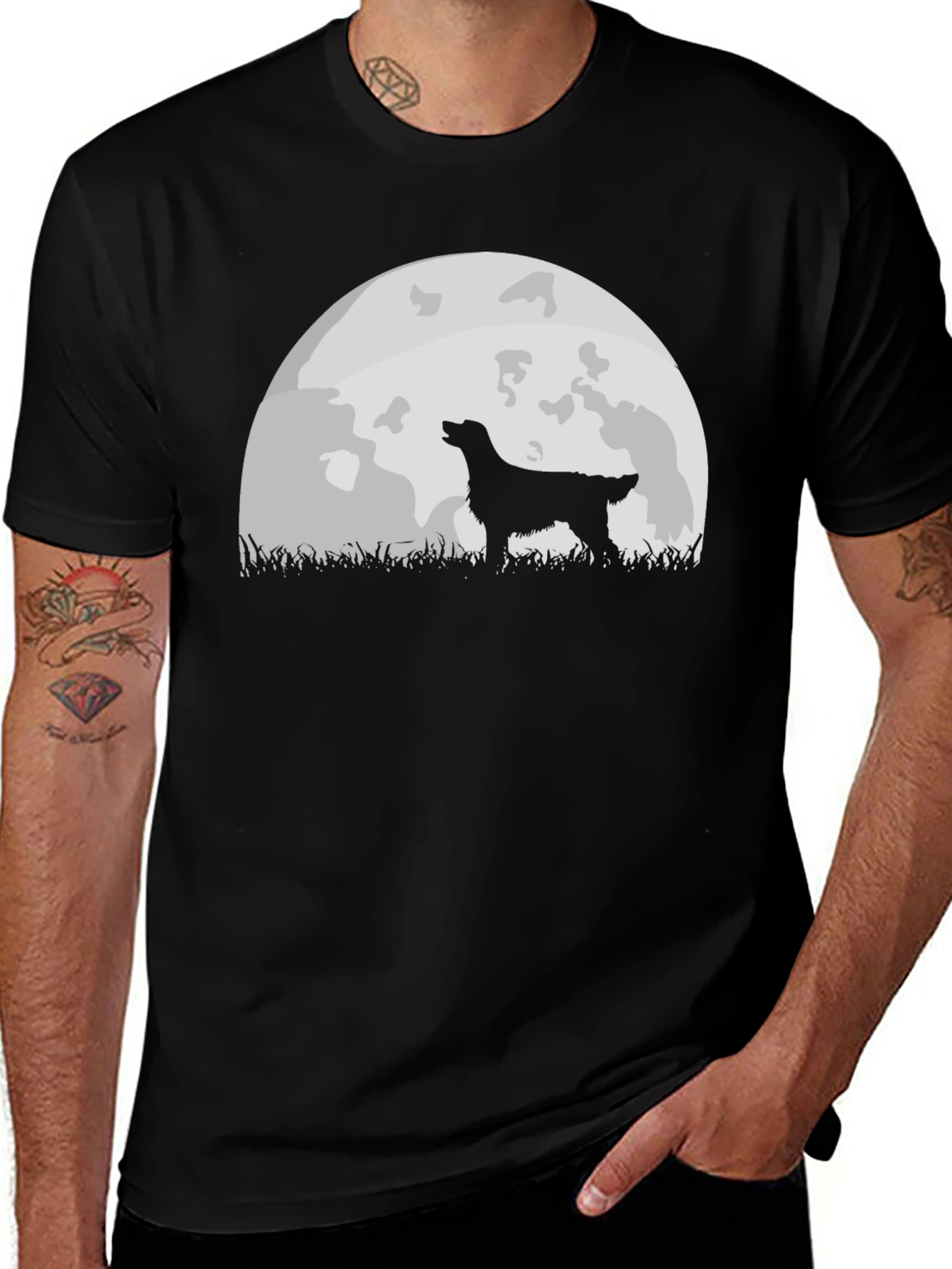 Dog Howling at Moon Graphic Tee - Black