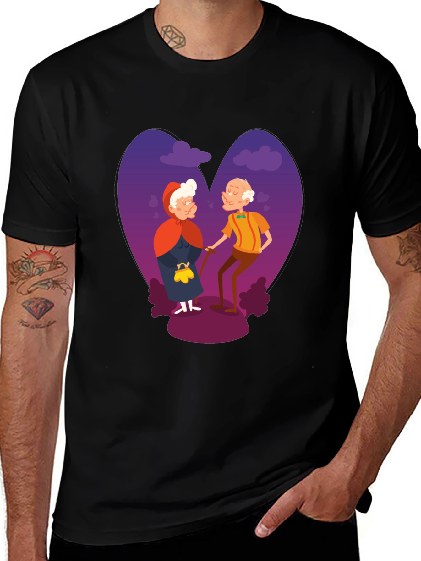 Romantic Old Couple Cartoon Graphic T-Shirt