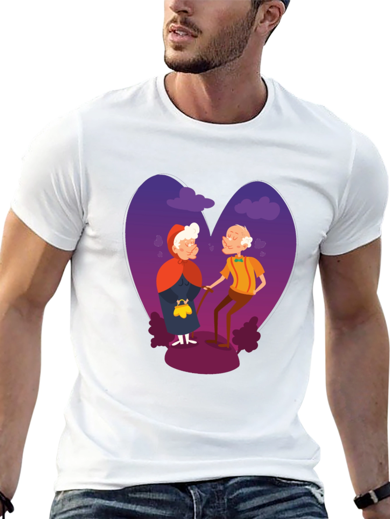 Romantic Old Couple Cartoon Graphic T-Shirt