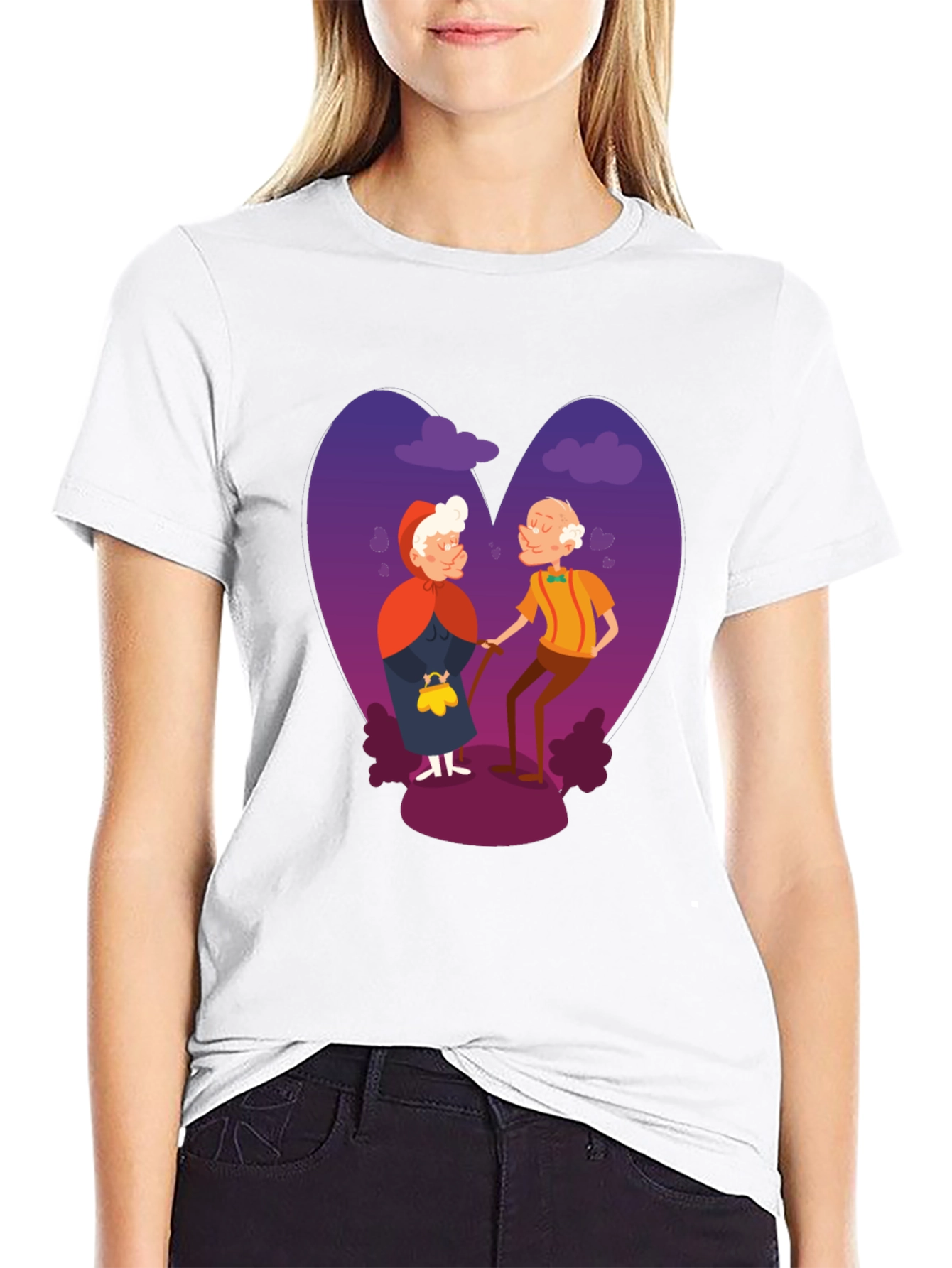 Romantic Old Couple Cartoon Graphic T-Shirt