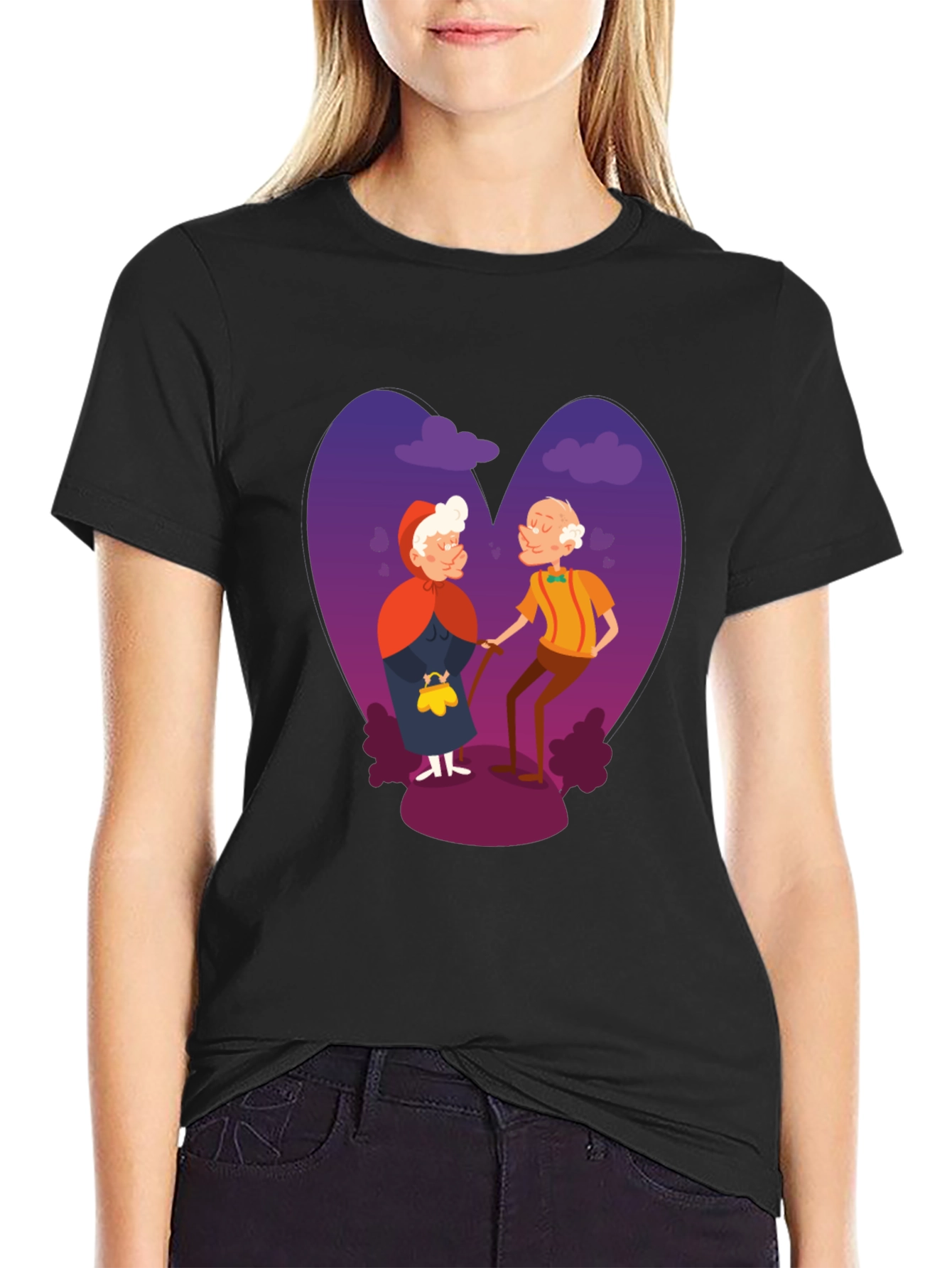 Romantic Old Couple Cartoon Graphic T-Shirt
