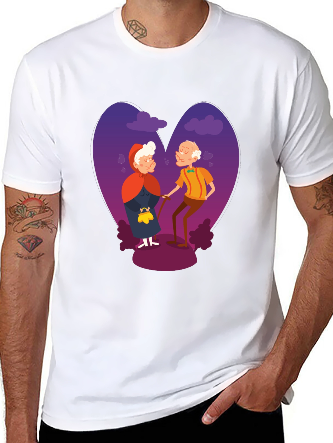 Romantic Old Couple Cartoon Graphic T-Shirt