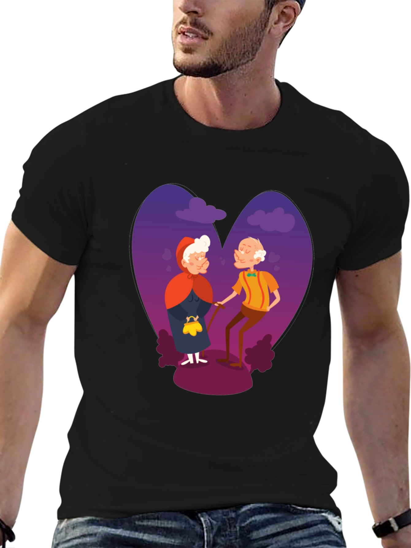 Romantic Old Couple Cartoon Graphic T-Shirt
