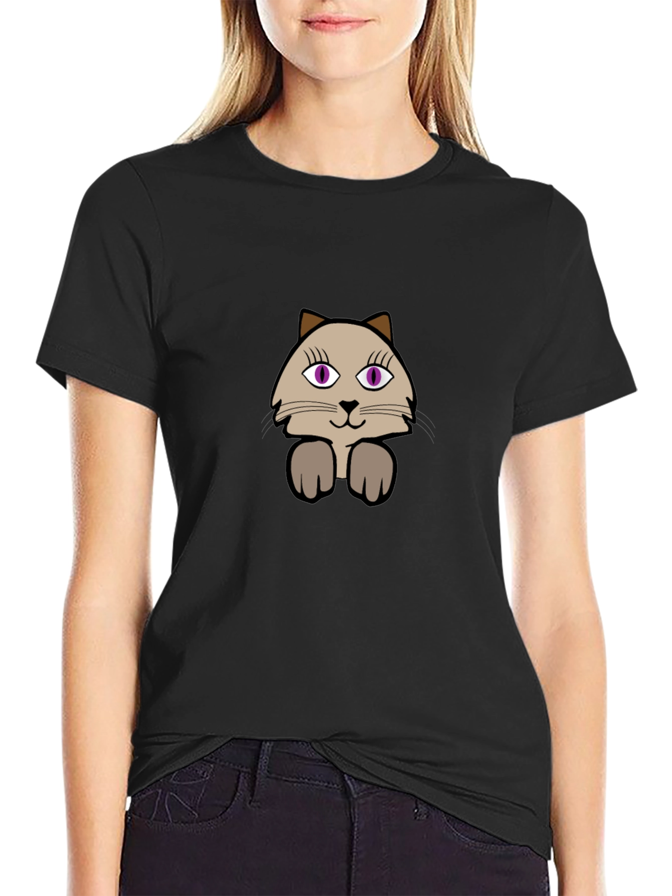 Cute Cartoon Cat Graphic Tee - Casual Black T-Shirt