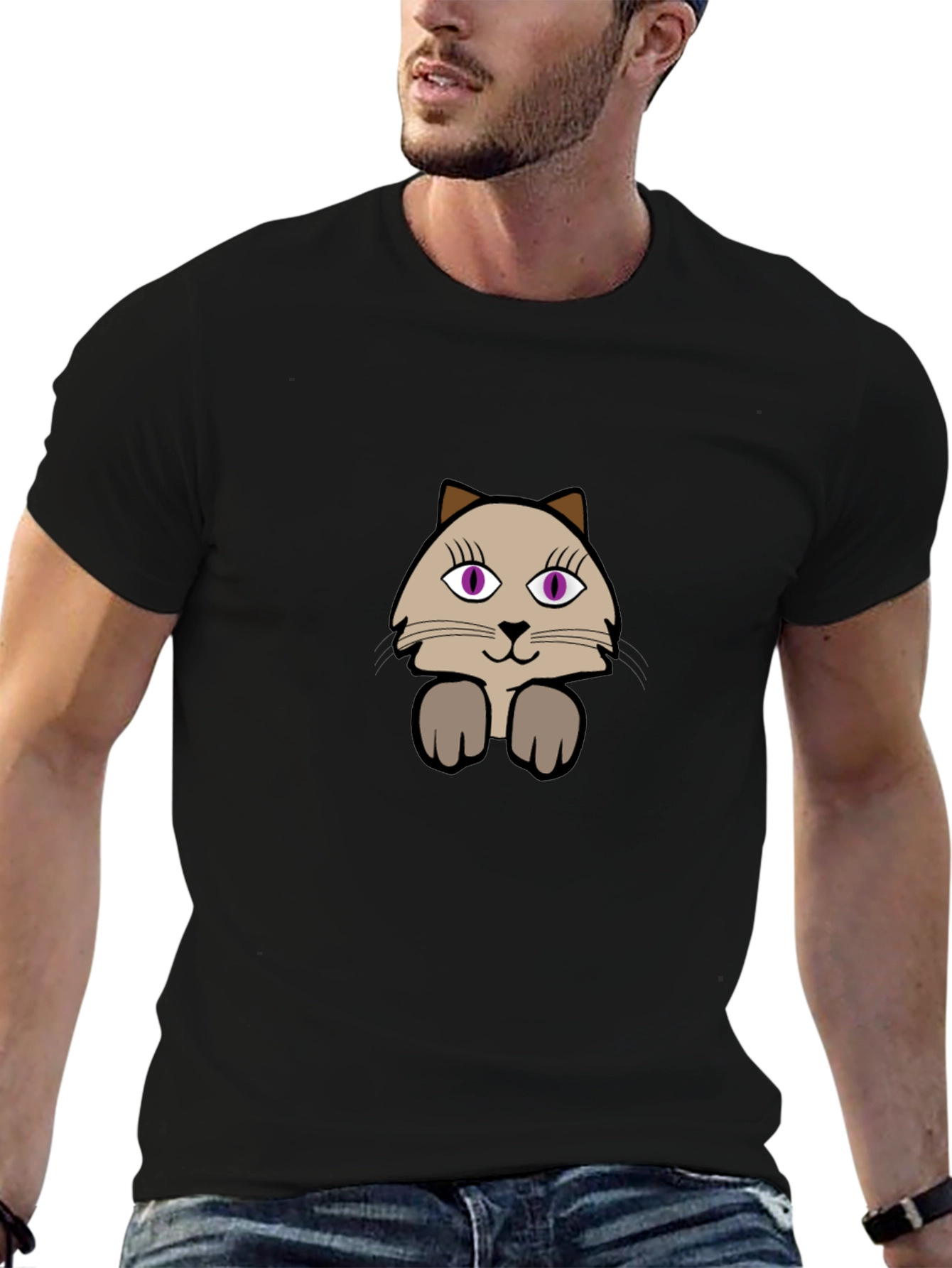 Cute Cartoon Cat Graphic Tee - Casual Black T-Shirt