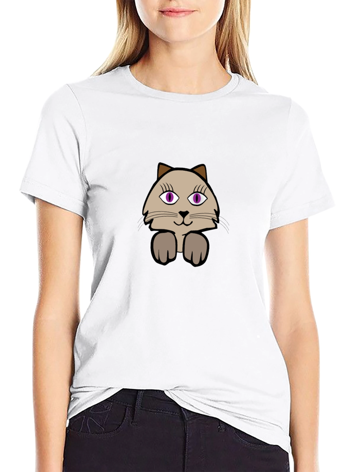 Cute Cartoon Cat Graphic Tee - Casual Black T-Shirt