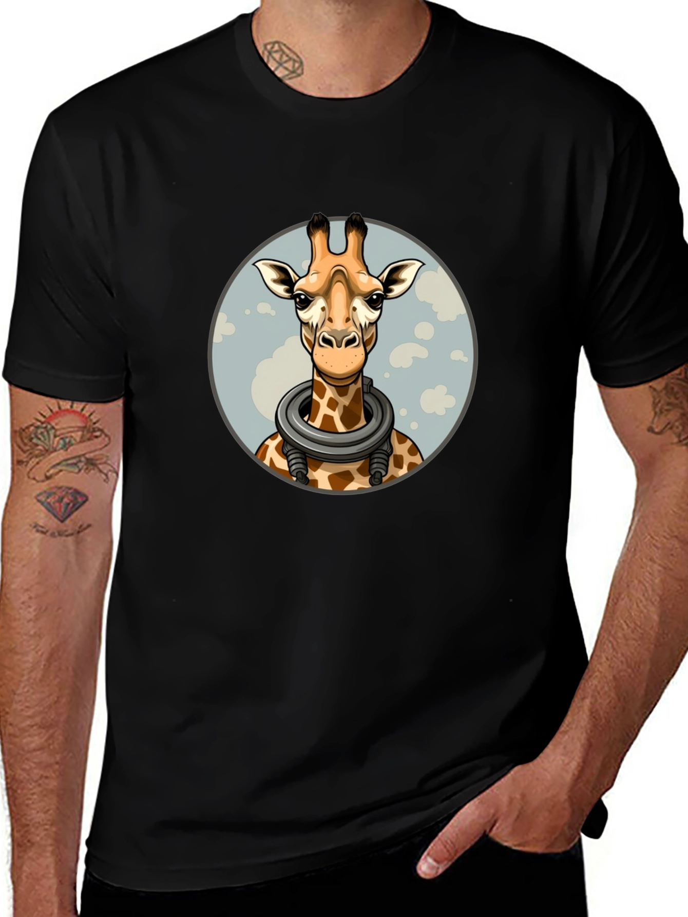 Giraffe Astronaut Graphic Tee - Black Cotton T-Shirt