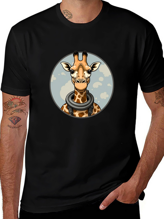 Giraffe Astronaut Graphic Tee - Black Cotton T-Shirt