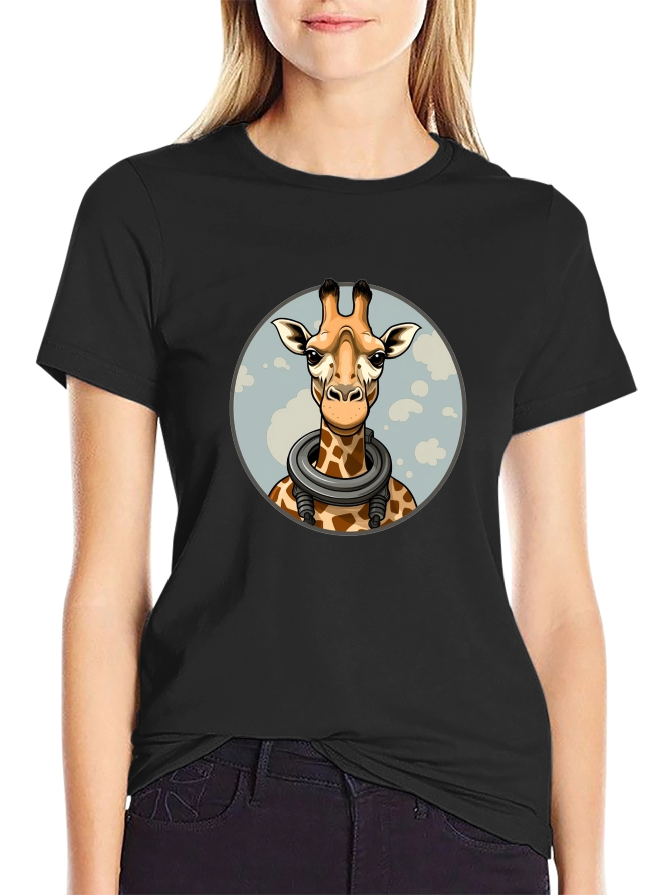 Giraffe Astronaut Graphic Tee - Black Cotton T-Shirt