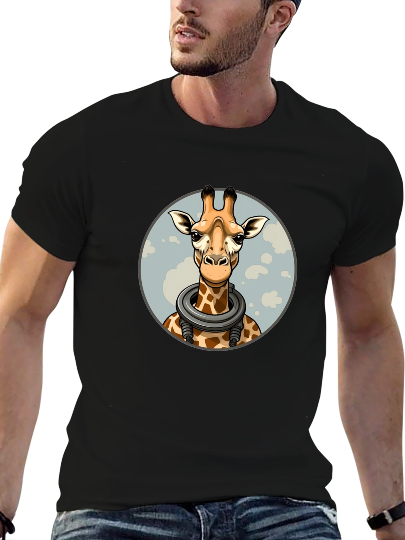 Giraffe Astronaut Graphic Tee - Black Cotton T-Shirt