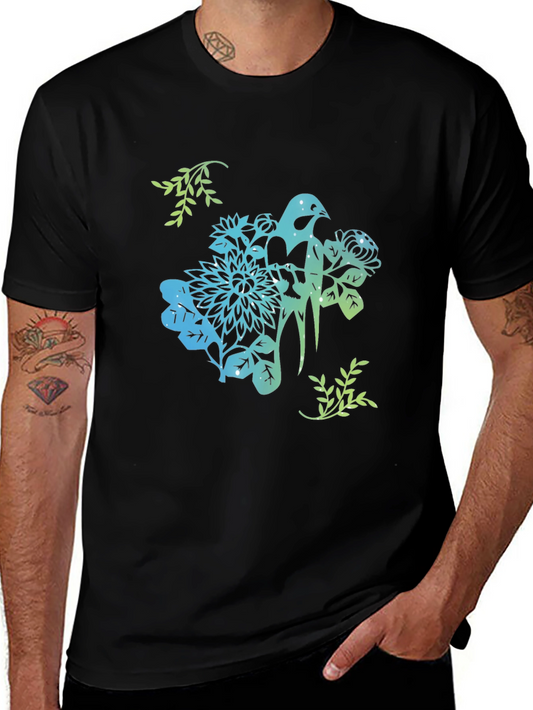 Bird & Floral Graphic Black T-Shirt