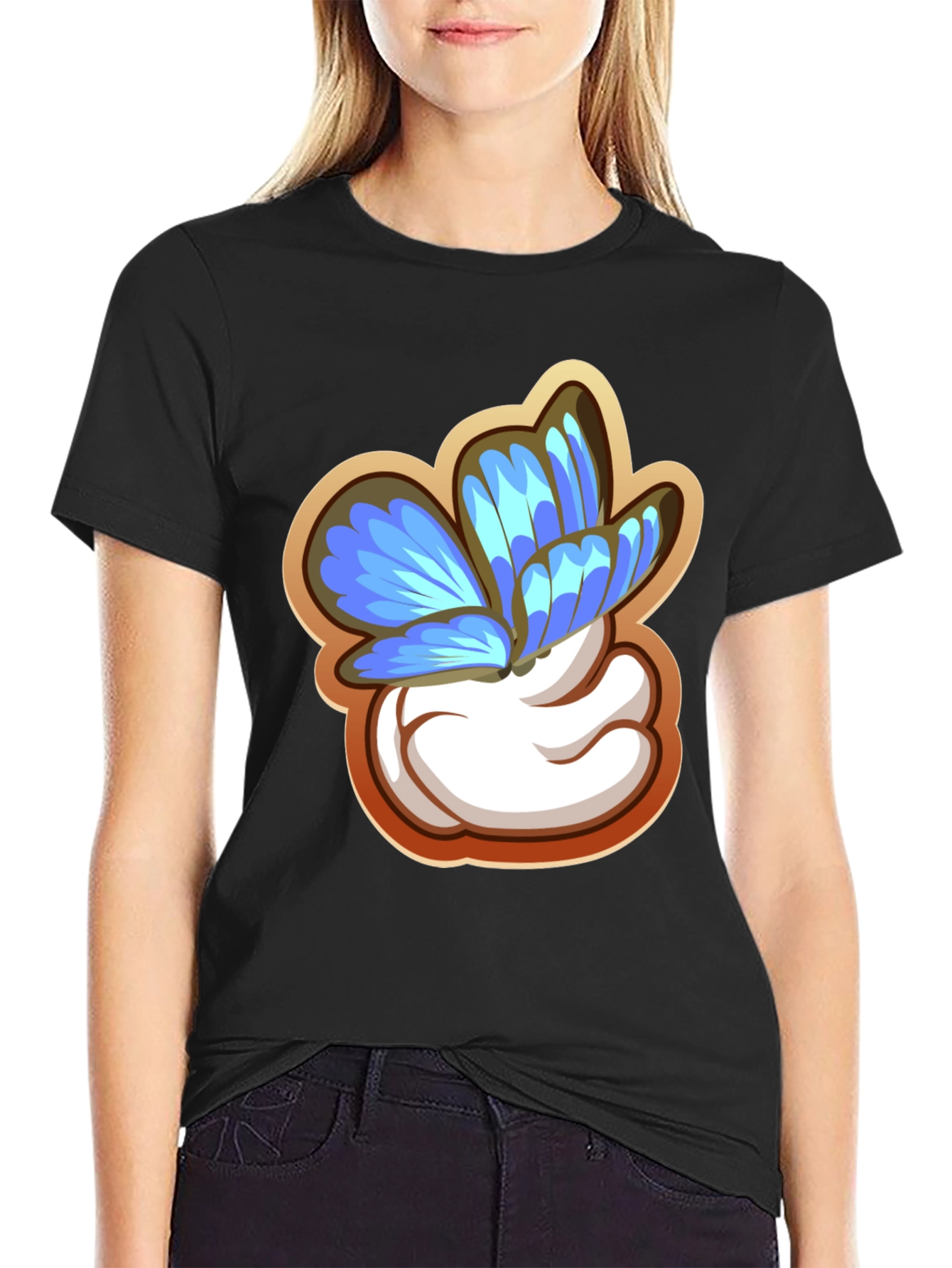 Butterfly Cartoon Graphic Black T-Shirt