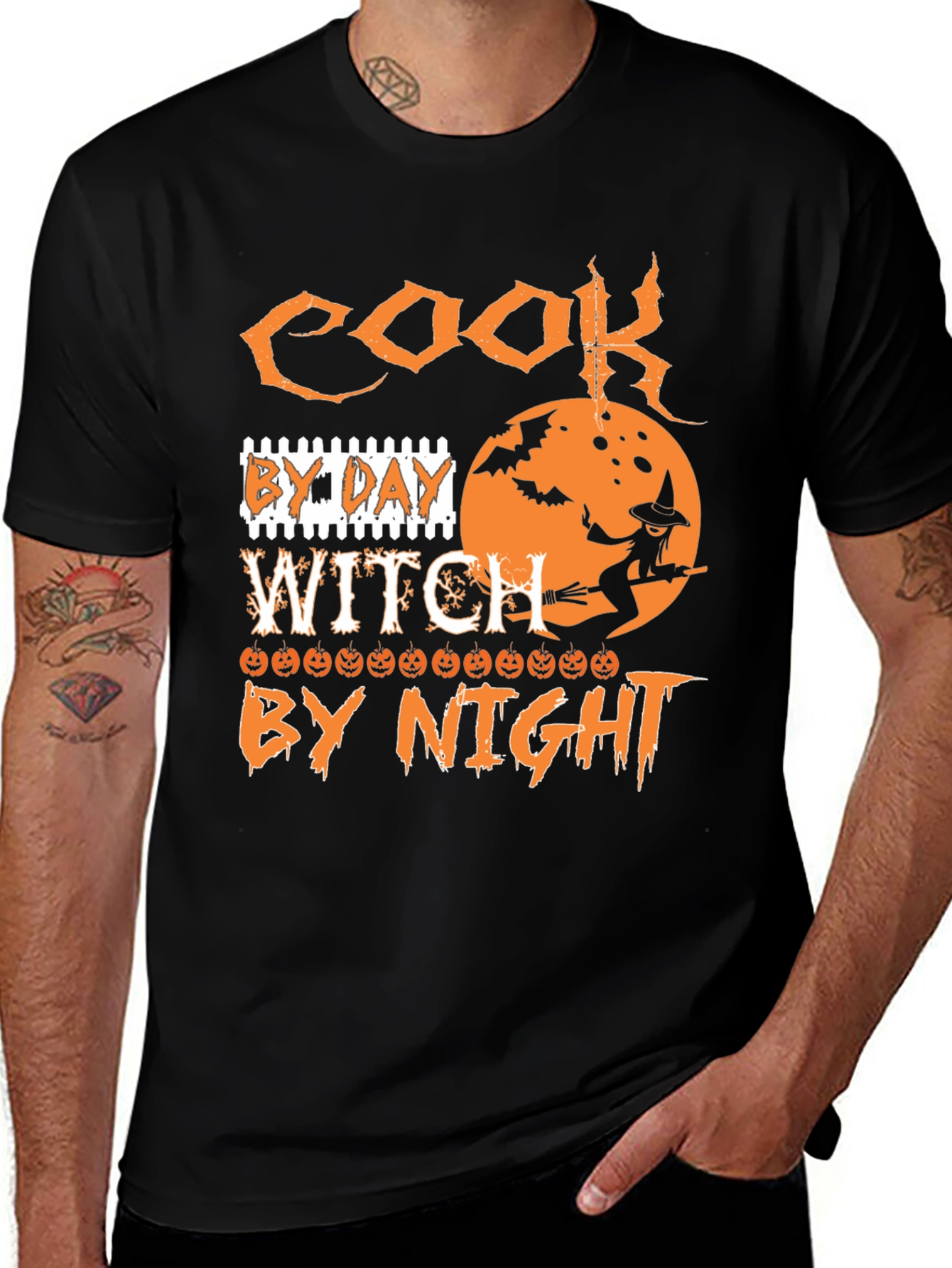 Cook By Day Witch By Night Halloween Graphic T-Shirt