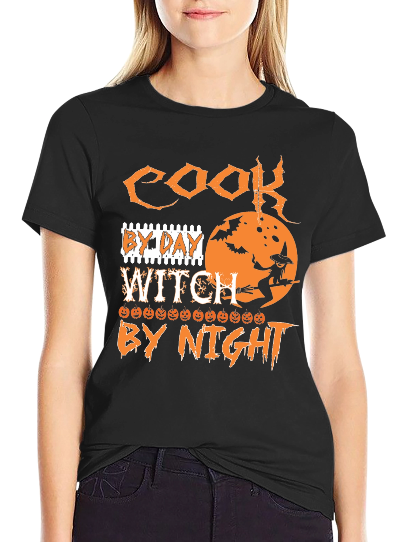 Cook By Day Witch By Night Halloween Graphic T-Shirt