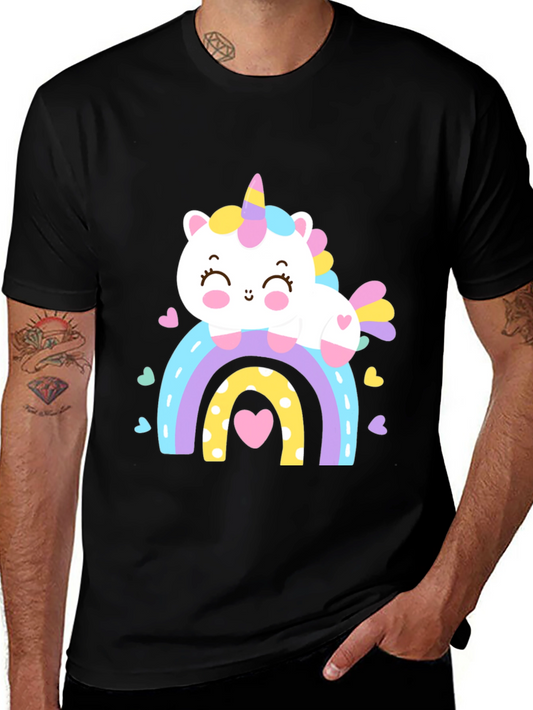 Unicorn Rainbow Graphic Tee - Black Cotton Blend Shirt