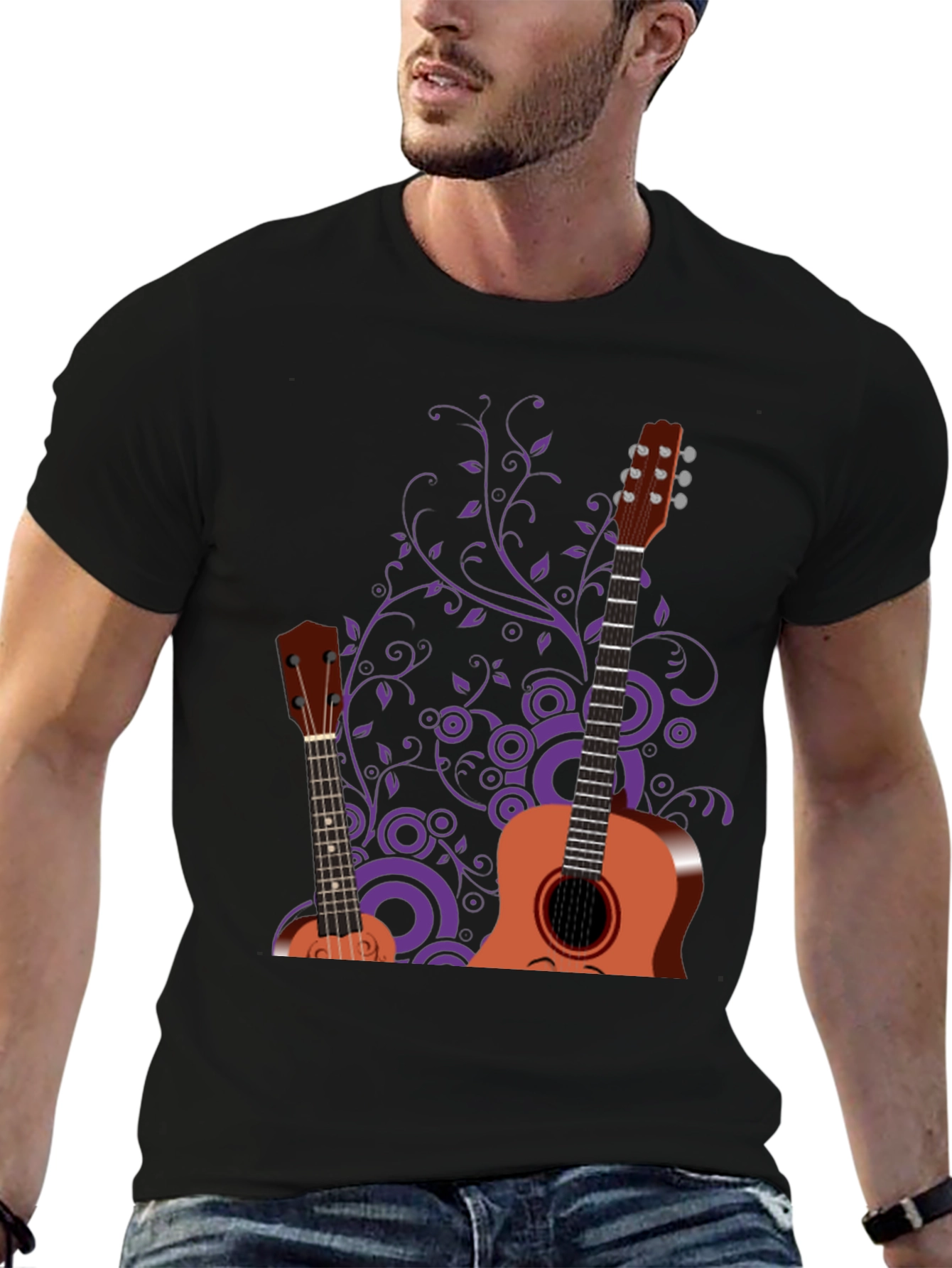 Stylish Guitar Graphic Black T-Shirt - Music Lover Tee